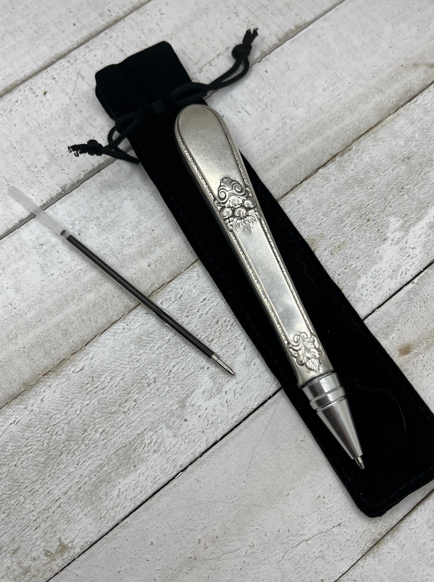 Silver pen made from antique hollow knife handles - Black ink - Reusable