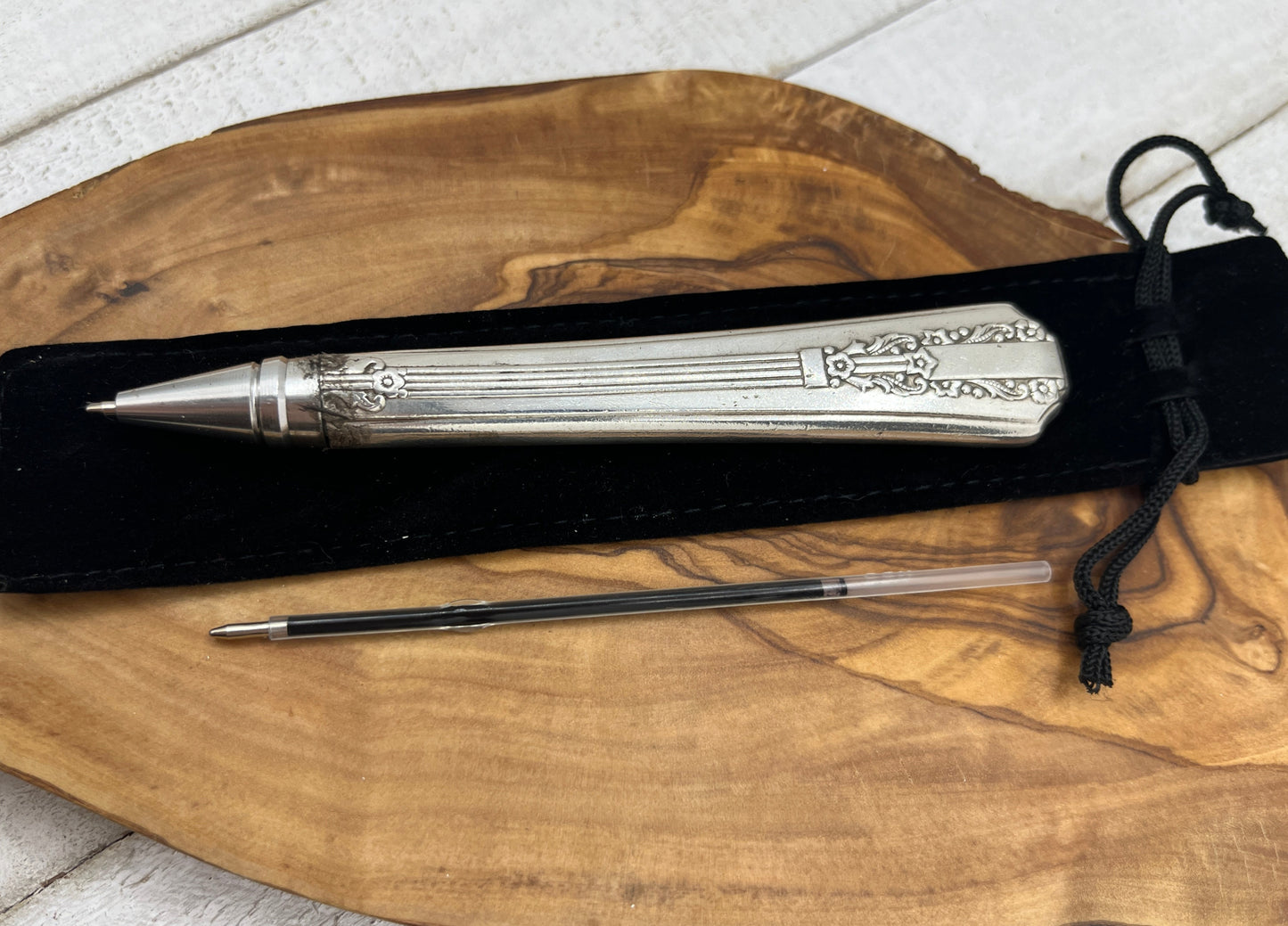 Silver pen made from antique hollow knife handles - Black ink - Reusable