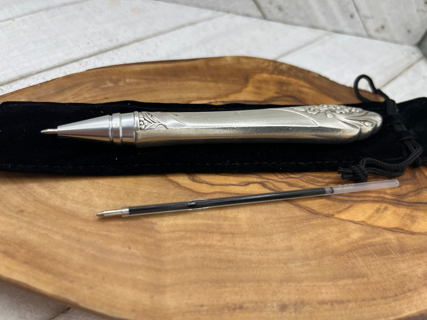 Silver pen made from antique hollow knife handles - Black ink - Reusable