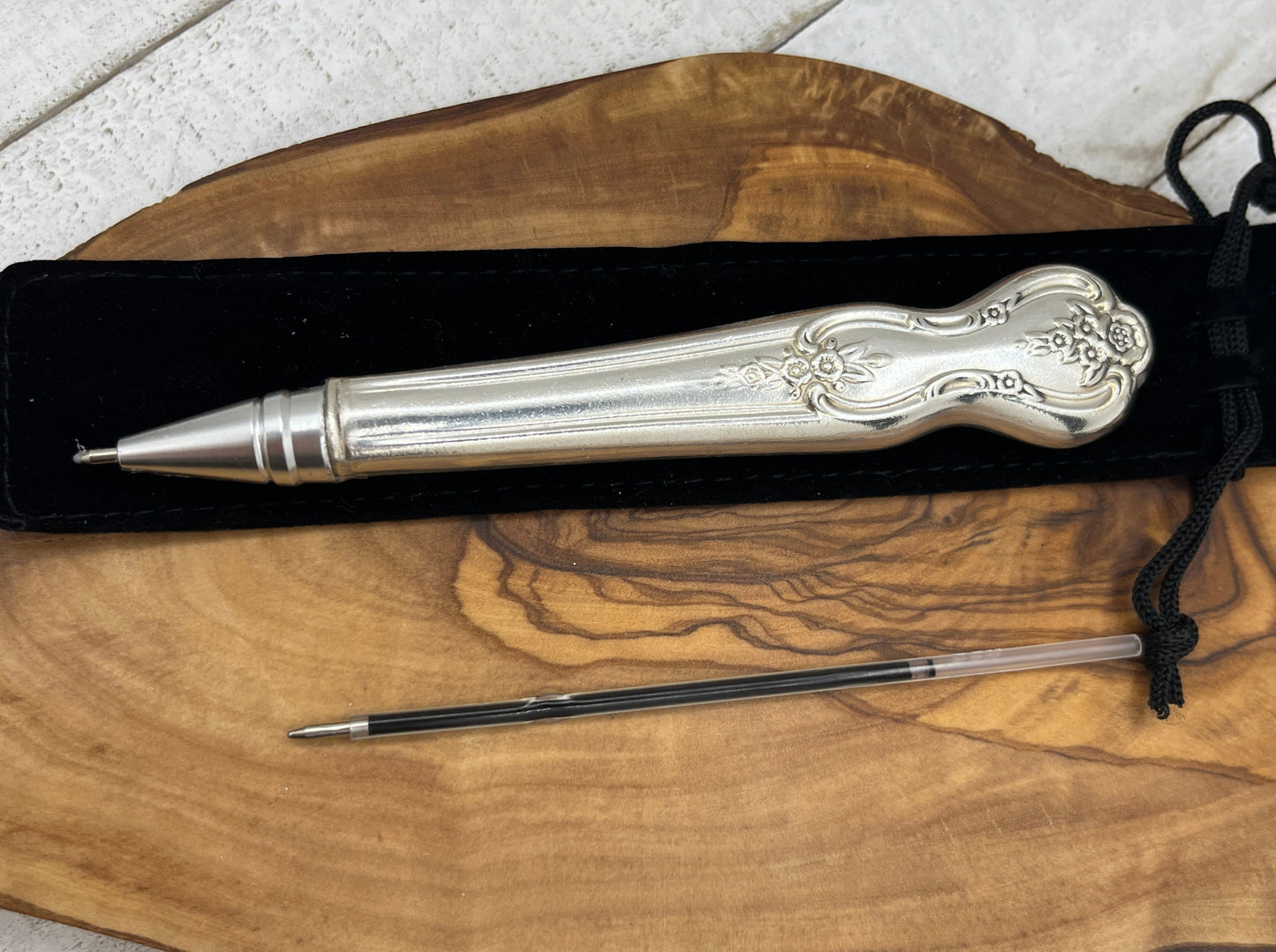 Silver pen made from antique hollow knife handles - Black ink - Reusable