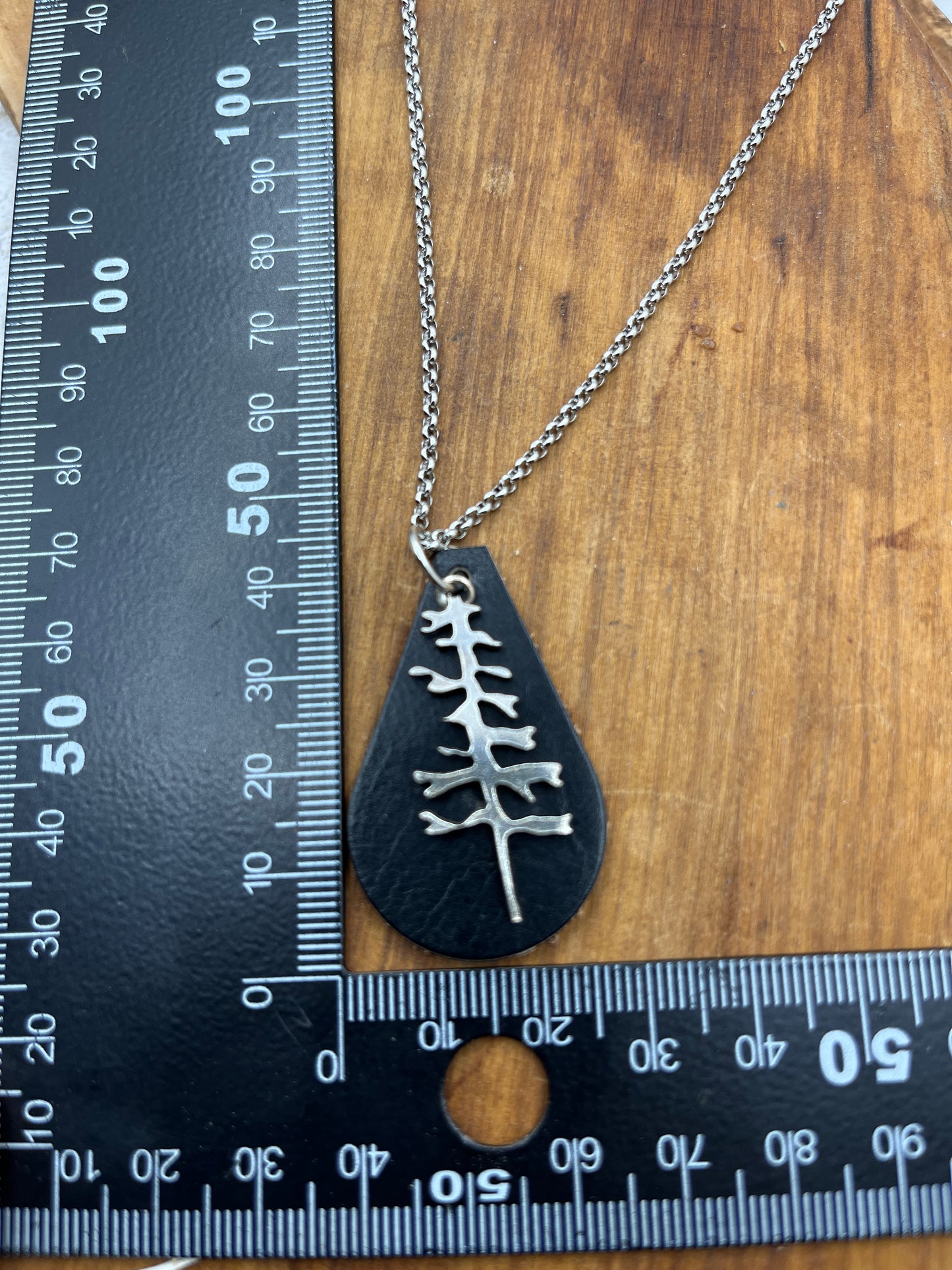 Silver Tree and Black Leather Pendant
