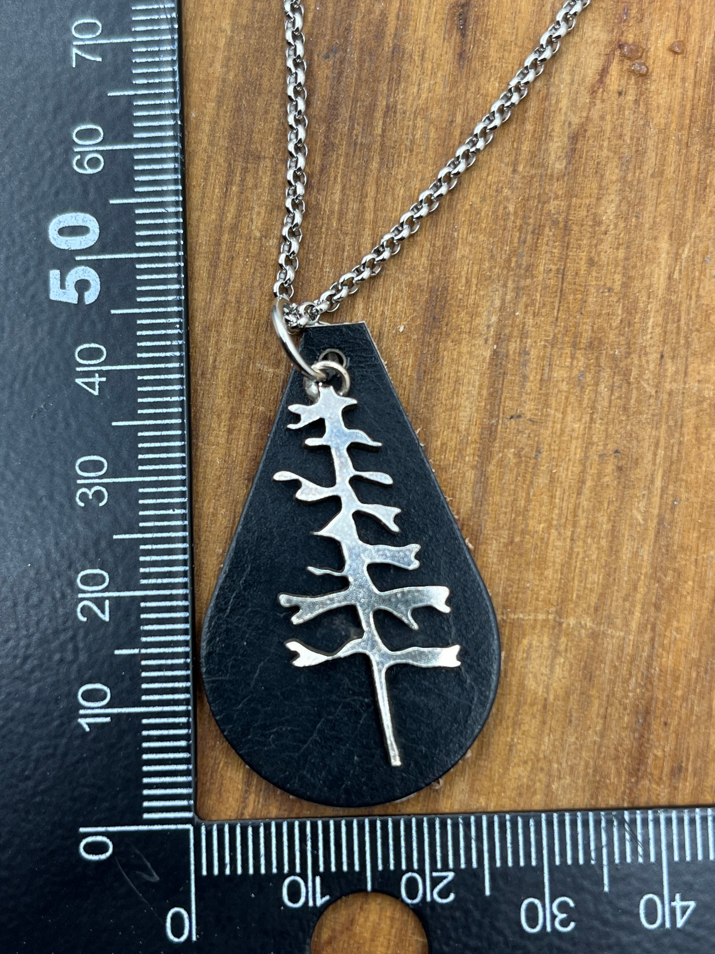 Silver Tree and Black Leather Pendant