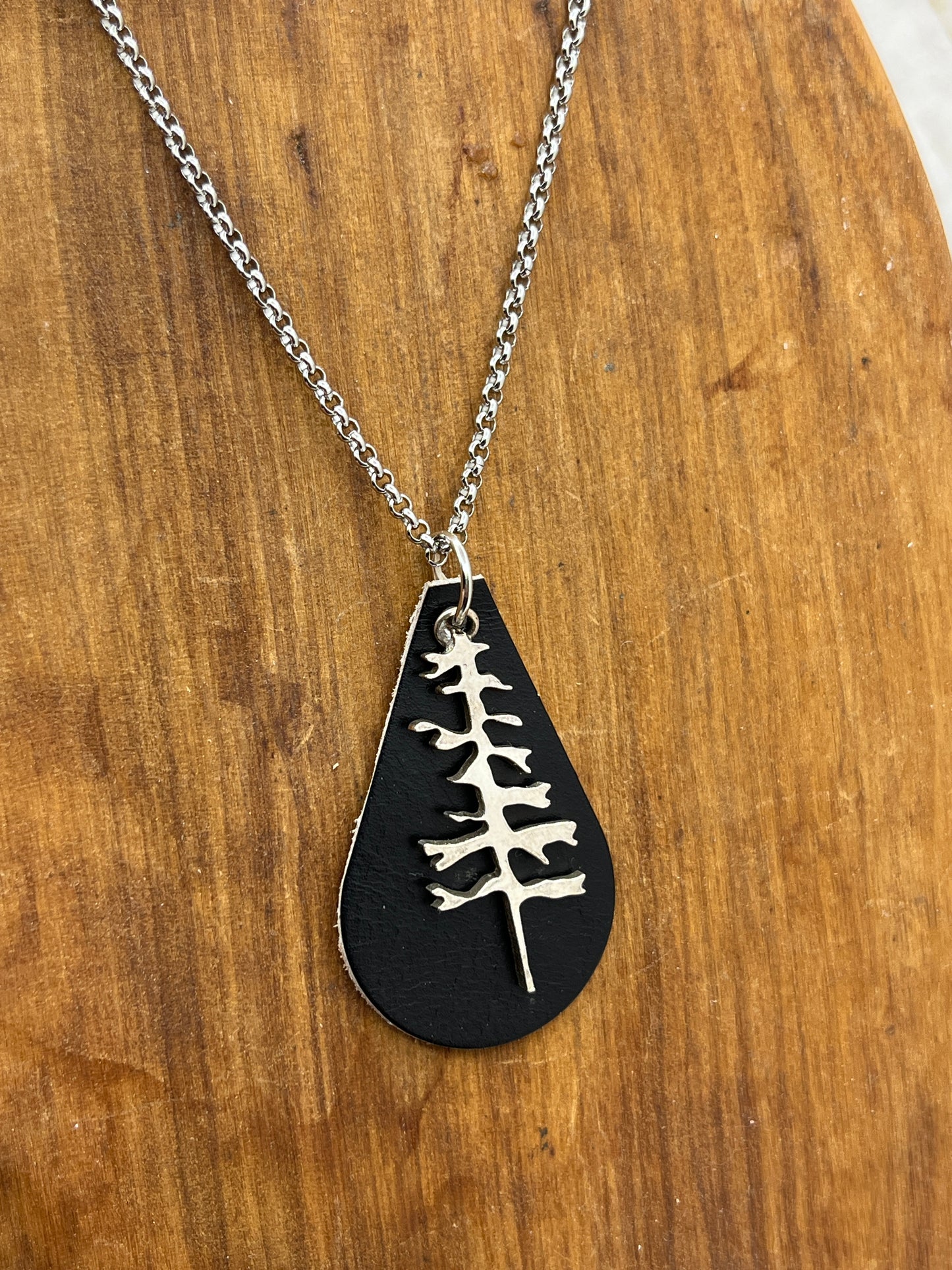 Silver Tree and Black Leather Pendant