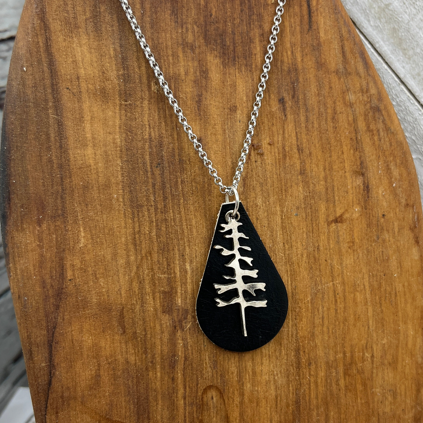 Silver Tree and Black Leather Pendant