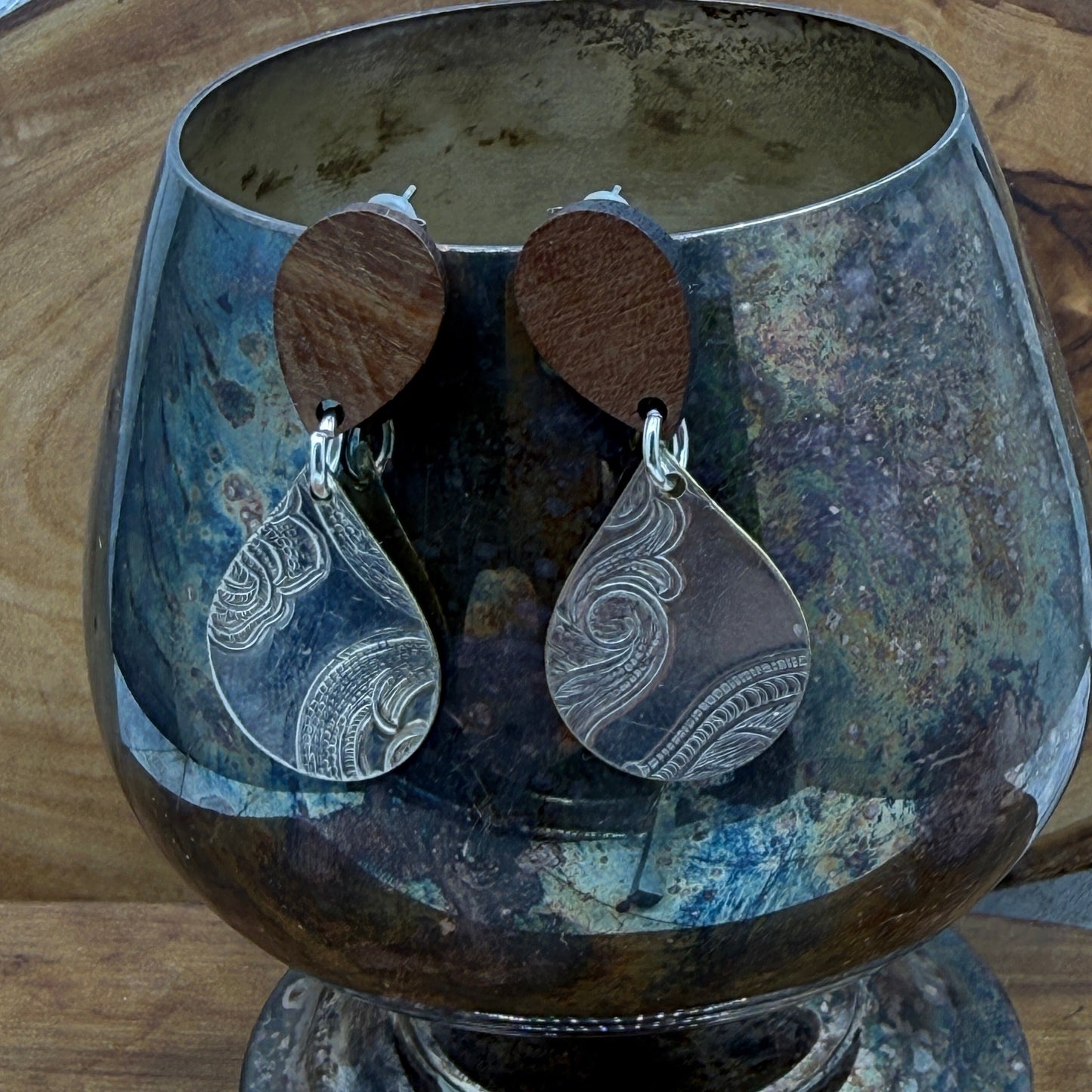 Silver Tray Earrings - Tear Drop with Wood Studs