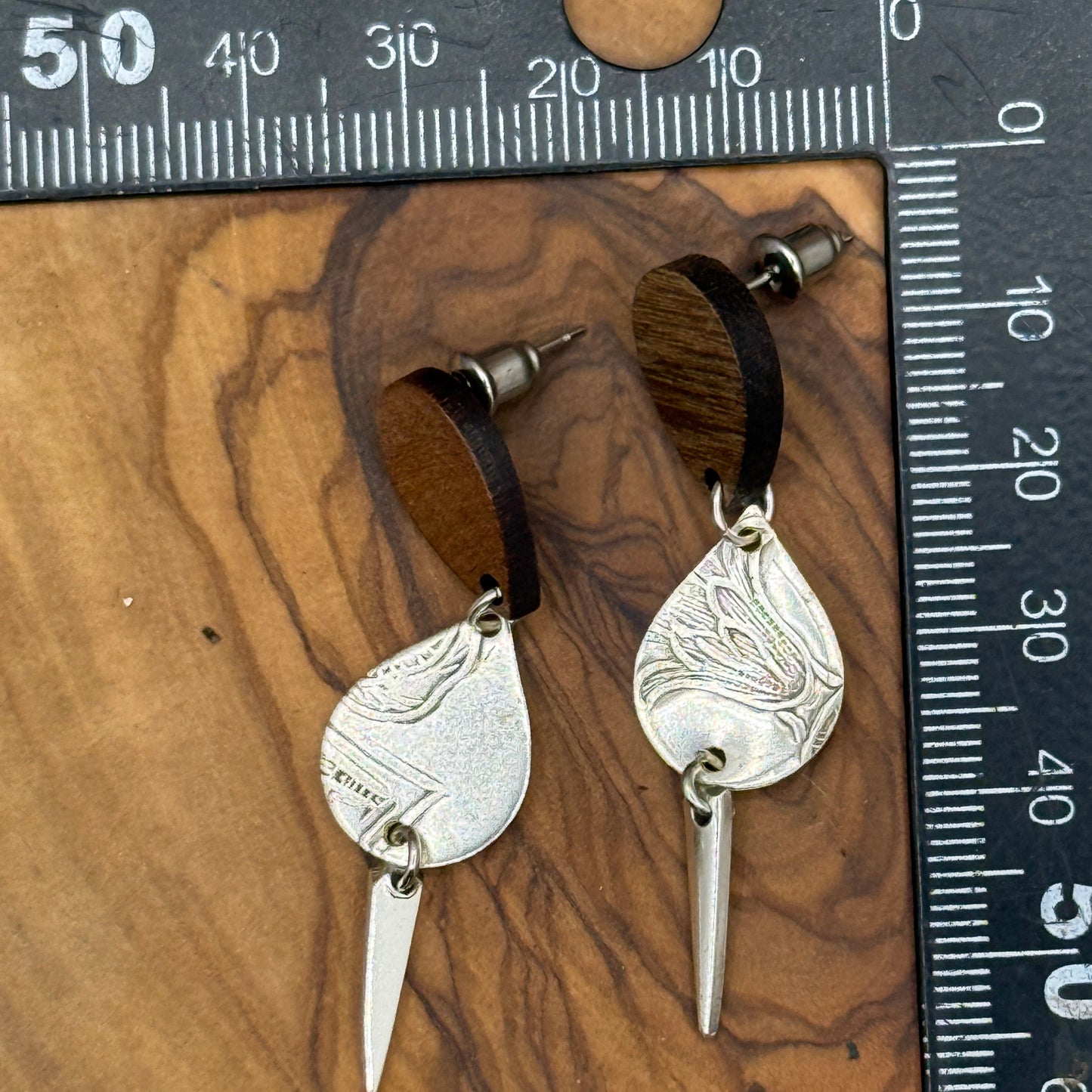 Silver Tray and Fork Tine Earrings with Wooden Studs