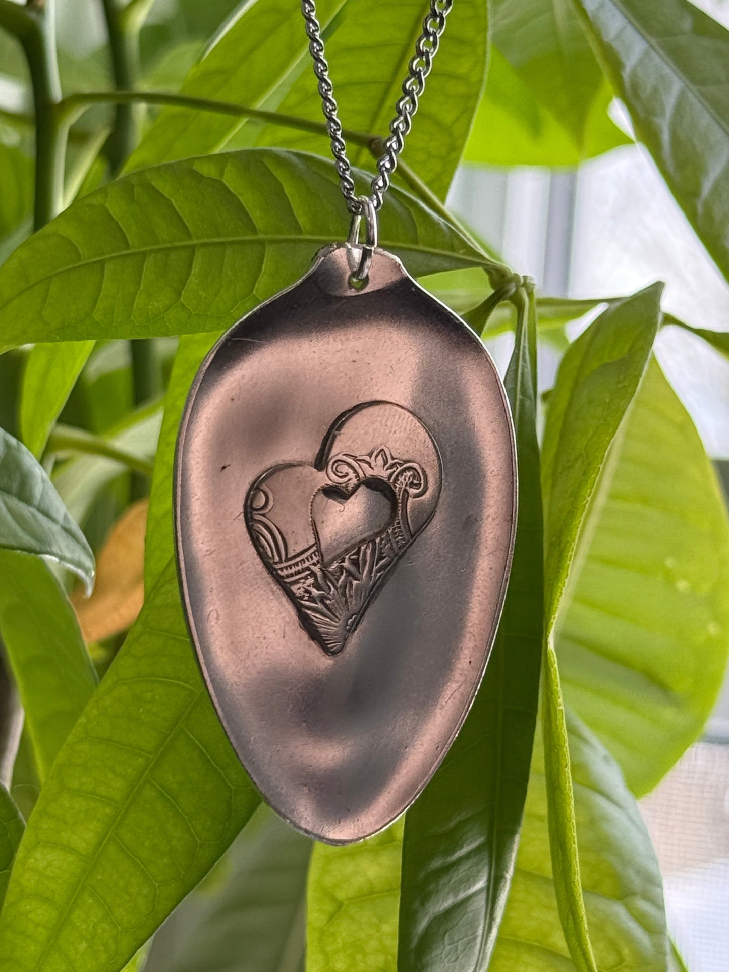Silver Heart Pendant on Flattened Silver Spoon Bowl on Strong Stainless Steel Chain