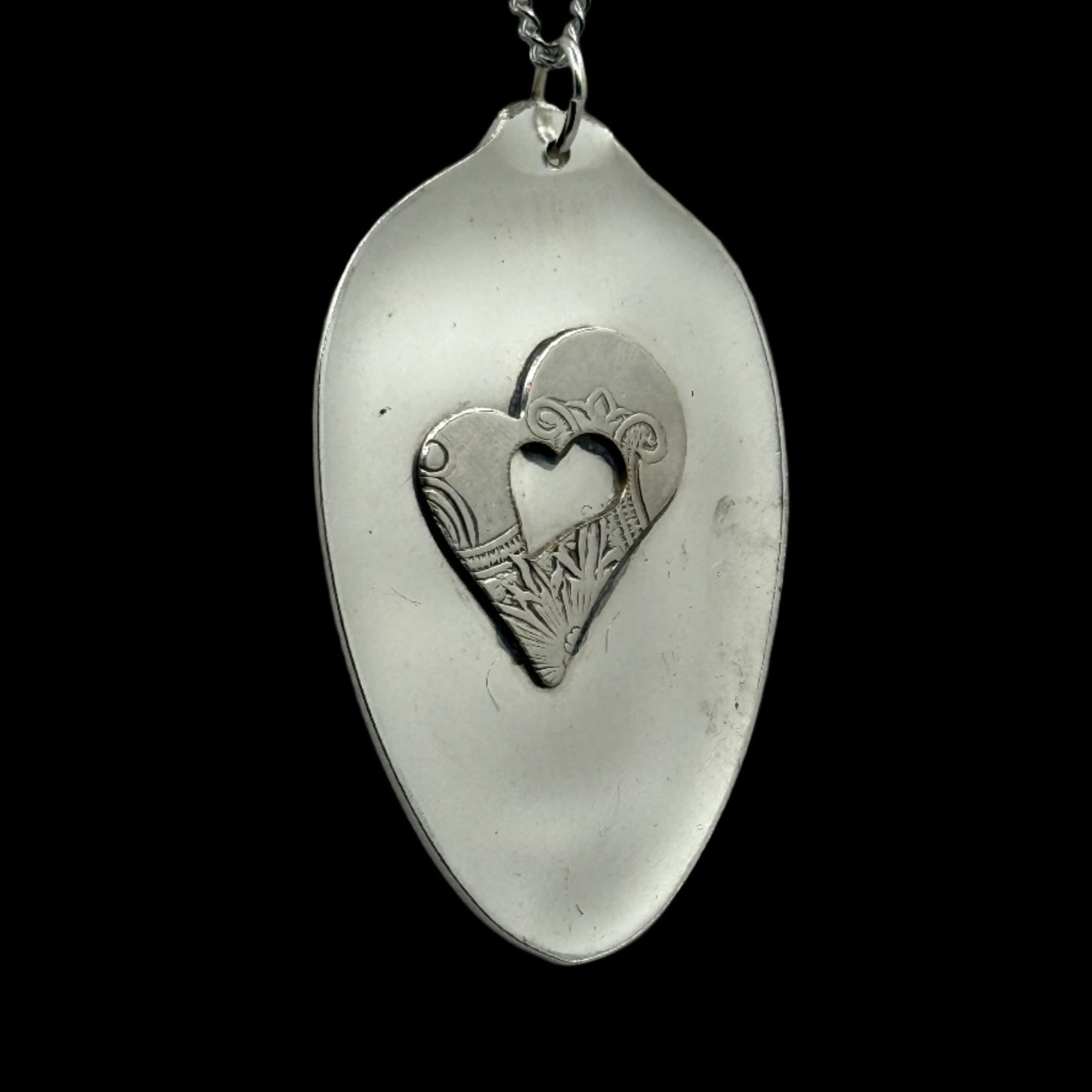 Silver Heart Pendant on Flattened Silver Spoon Bowl on Strong Stainless Steel Chain