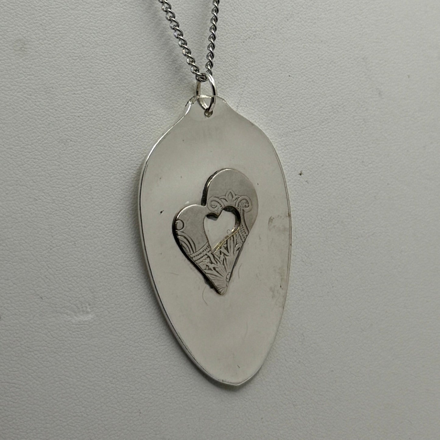 Silver Heart Pendant on Flattened Silver Spoon Bowl on Strong Stainless Steel Chain
