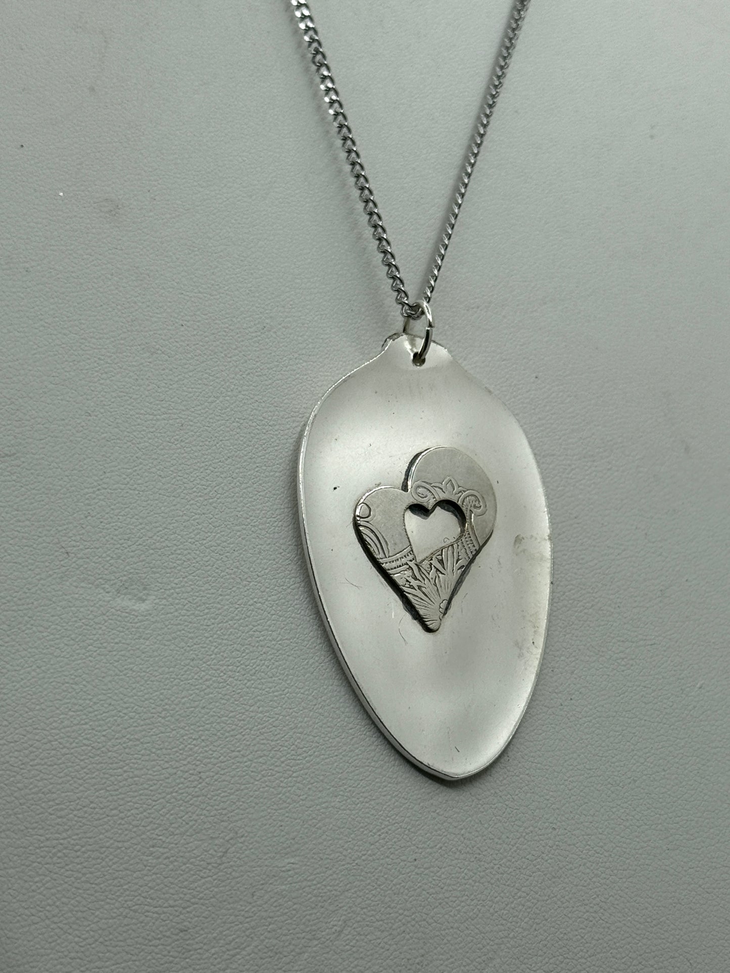 Silver Heart Pendant on Flattened Silver Spoon Bowl on Strong Stainless Steel Chain