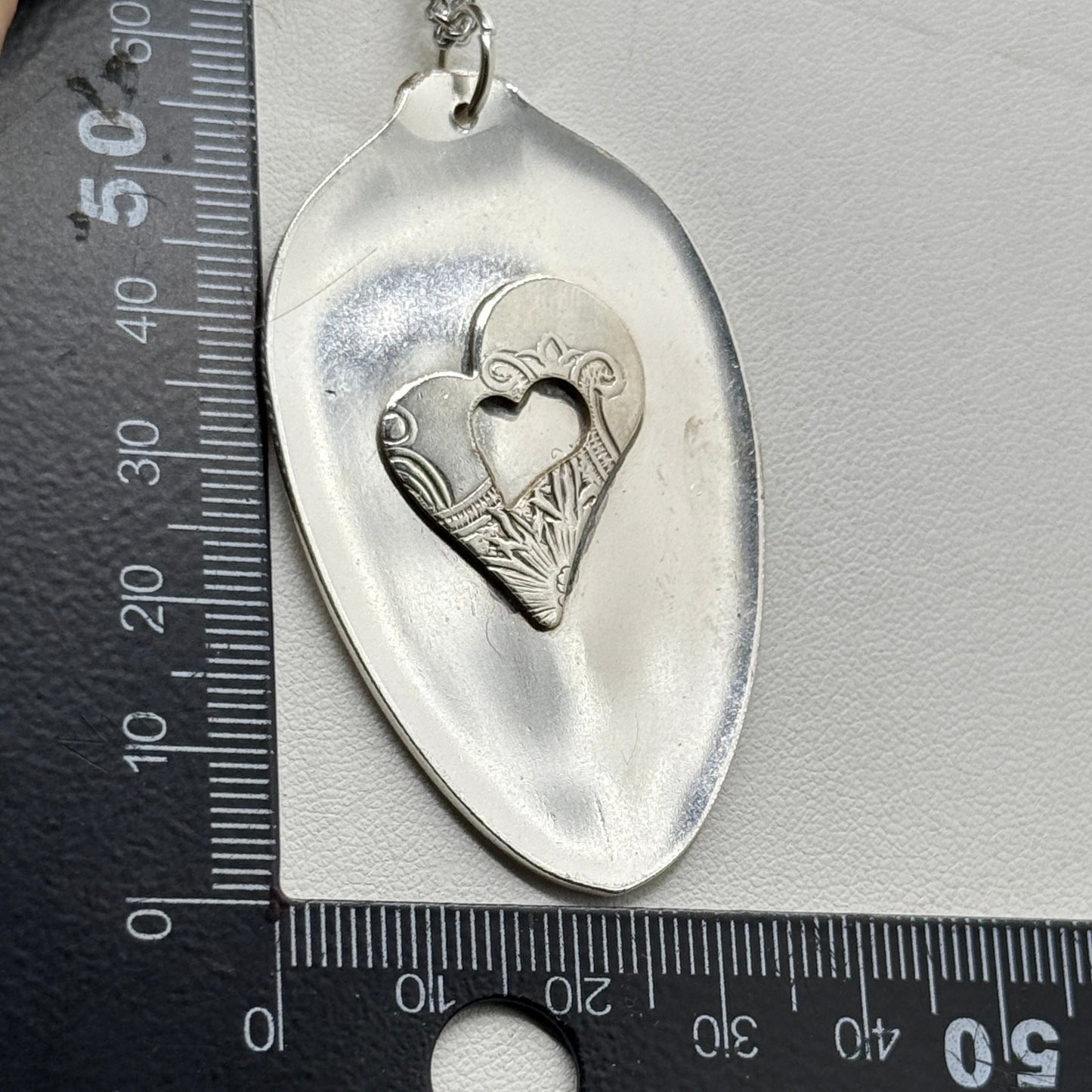 Silver Heart Pendant on Flattened Silver Spoon Bowl on Strong Stainless Steel Chain