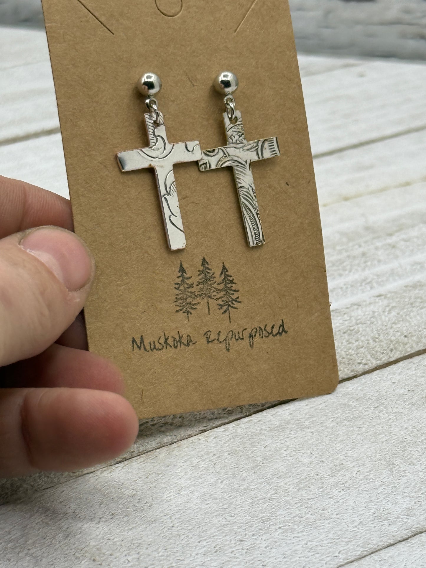 Simple Silver Cross Earrings Made from Vintage Silver Serving Tray on Stainless Steel Earring Posts