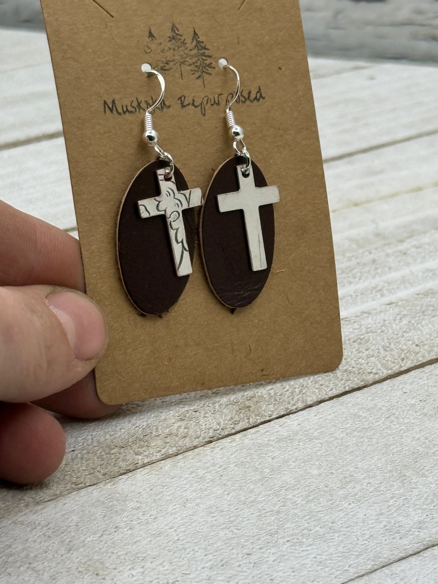 Silver and Leather Cross Drop Earrings