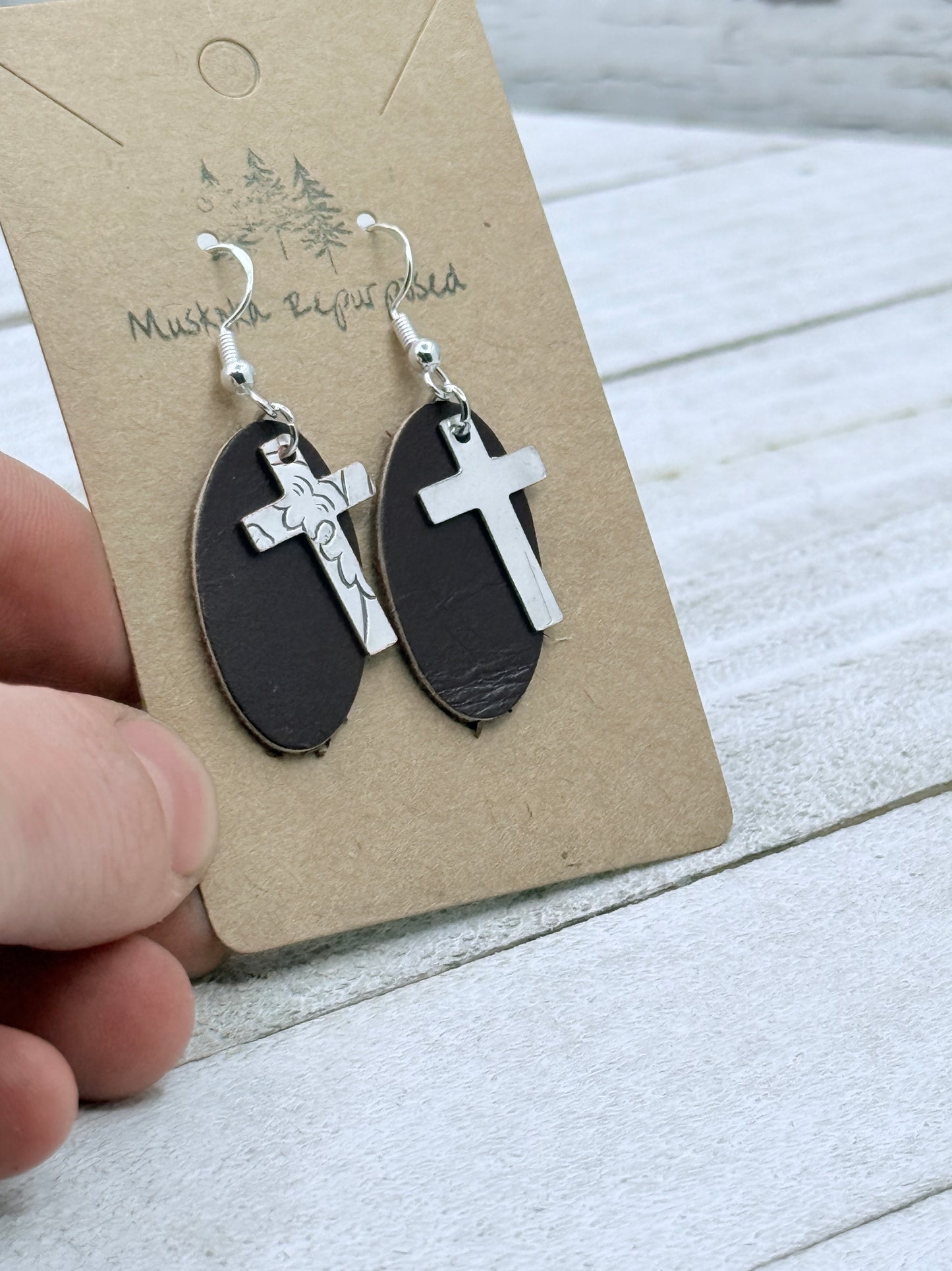 Silver and Leather Cross Drop Earrings