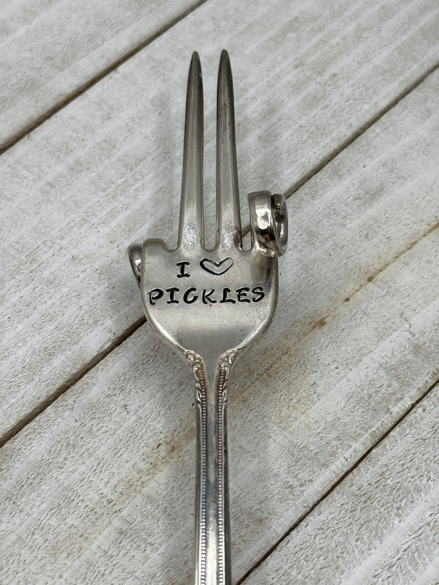 Pickle Fork Hand stamped Silver Fork Pickle Lover Gift Charcuterie Board Accessories Unique and One of a Kind "I (heart) pickles"