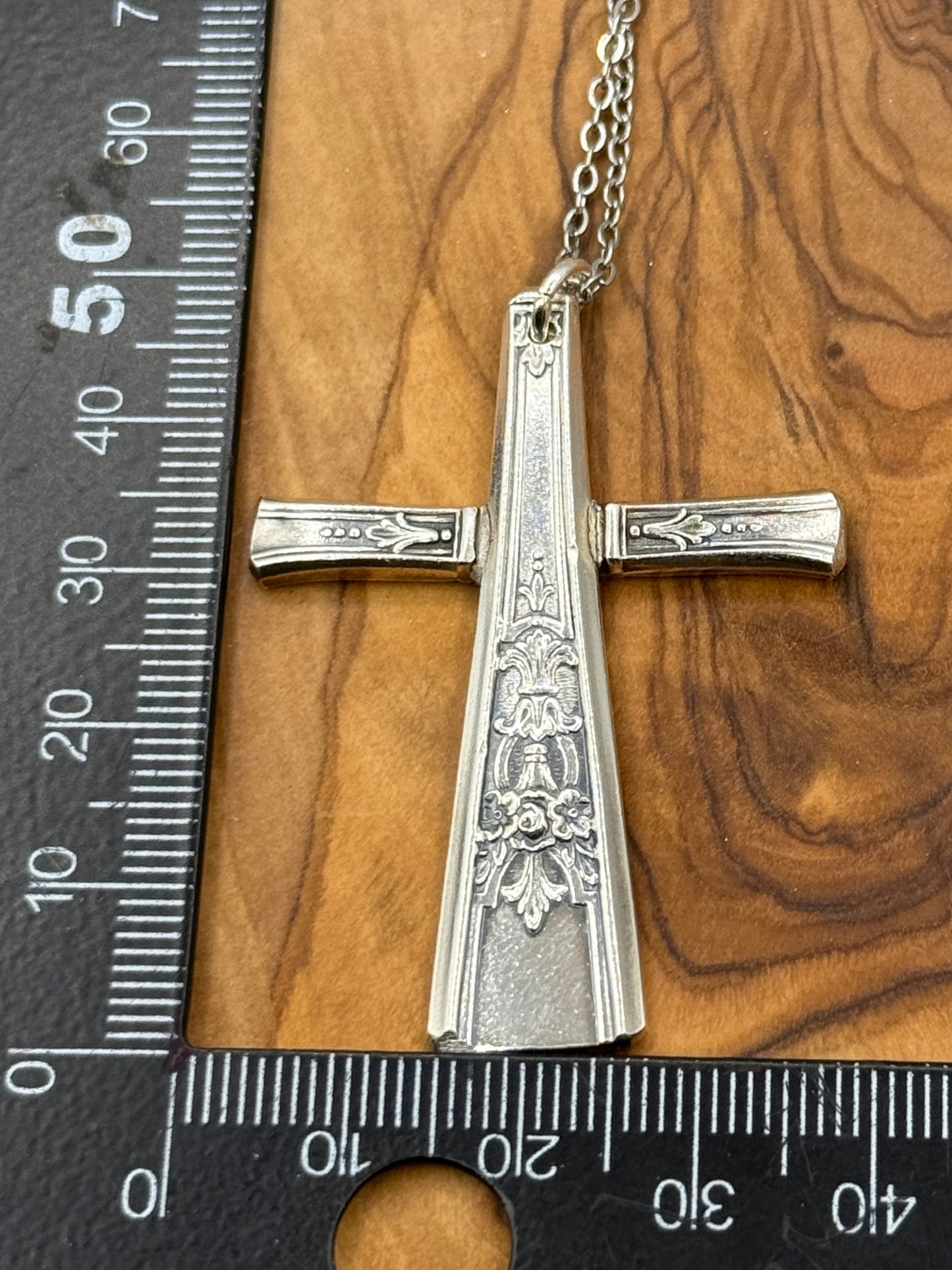 Silver Cross Pendant and Necklace Handmade from Vintage and Antique Silver Plated Spoon and Fork Ends