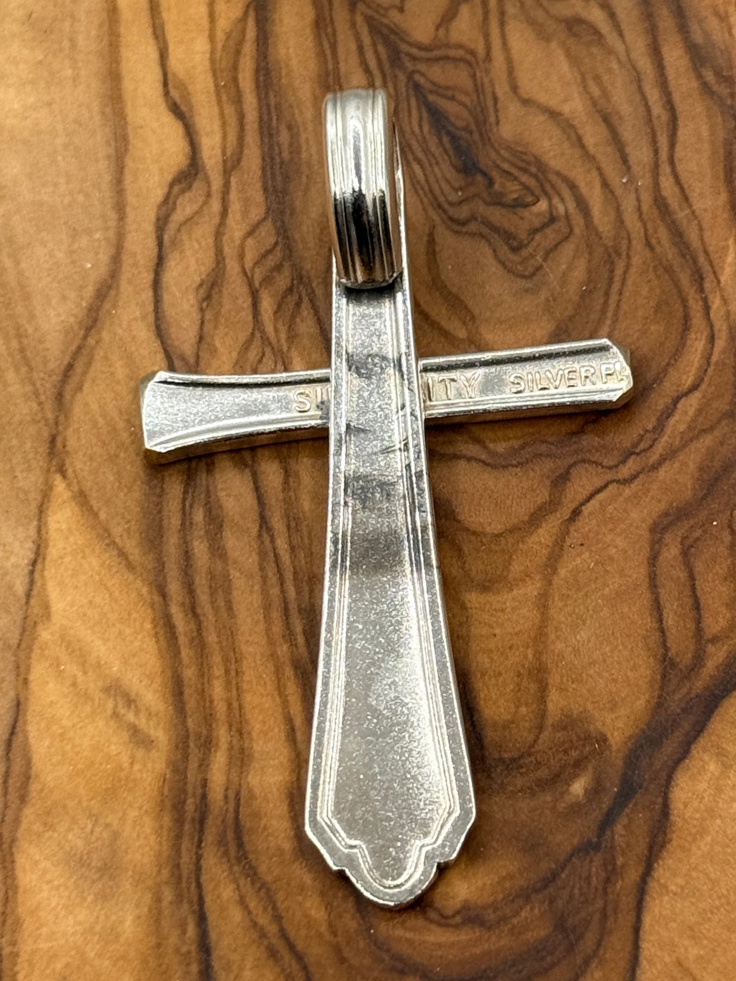 Silver Cross Pendant and Necklace Handmade from Vintage and Antique Silver Plated Spoon and Fork Ends