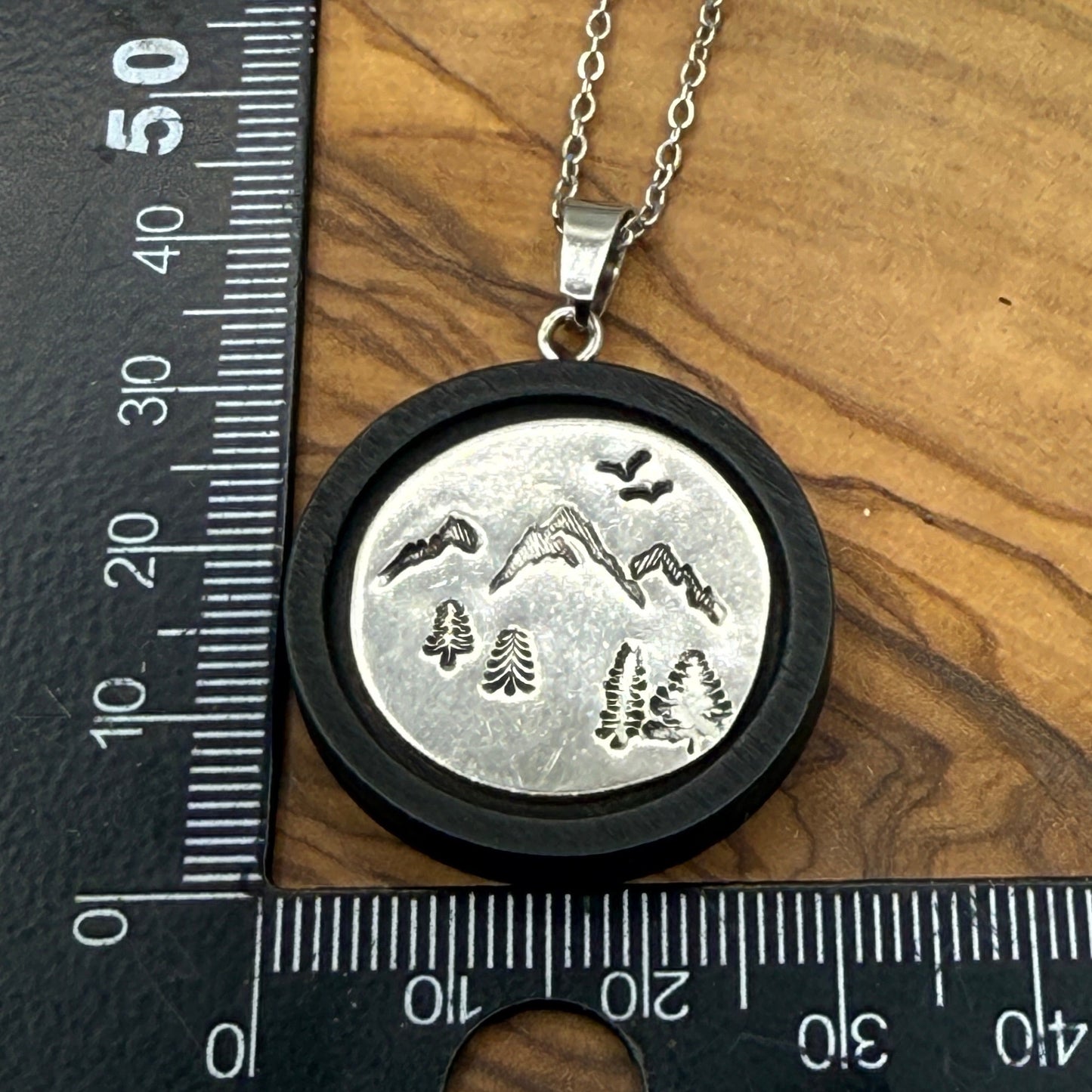 Wood and Silver Hand Stamped Mountain Nature Pendant - Black Wood