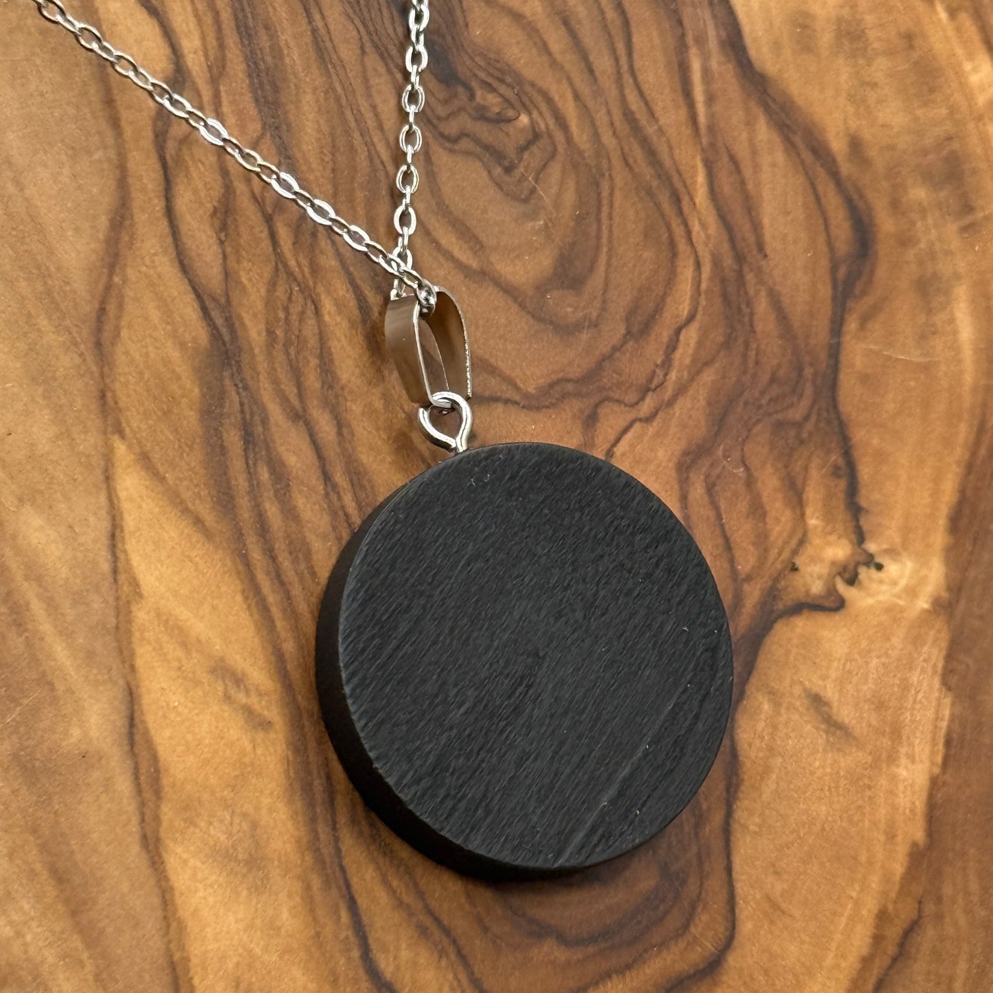 Wood and Silver Hand Stamped Mountain Nature Pendant - Black Wood