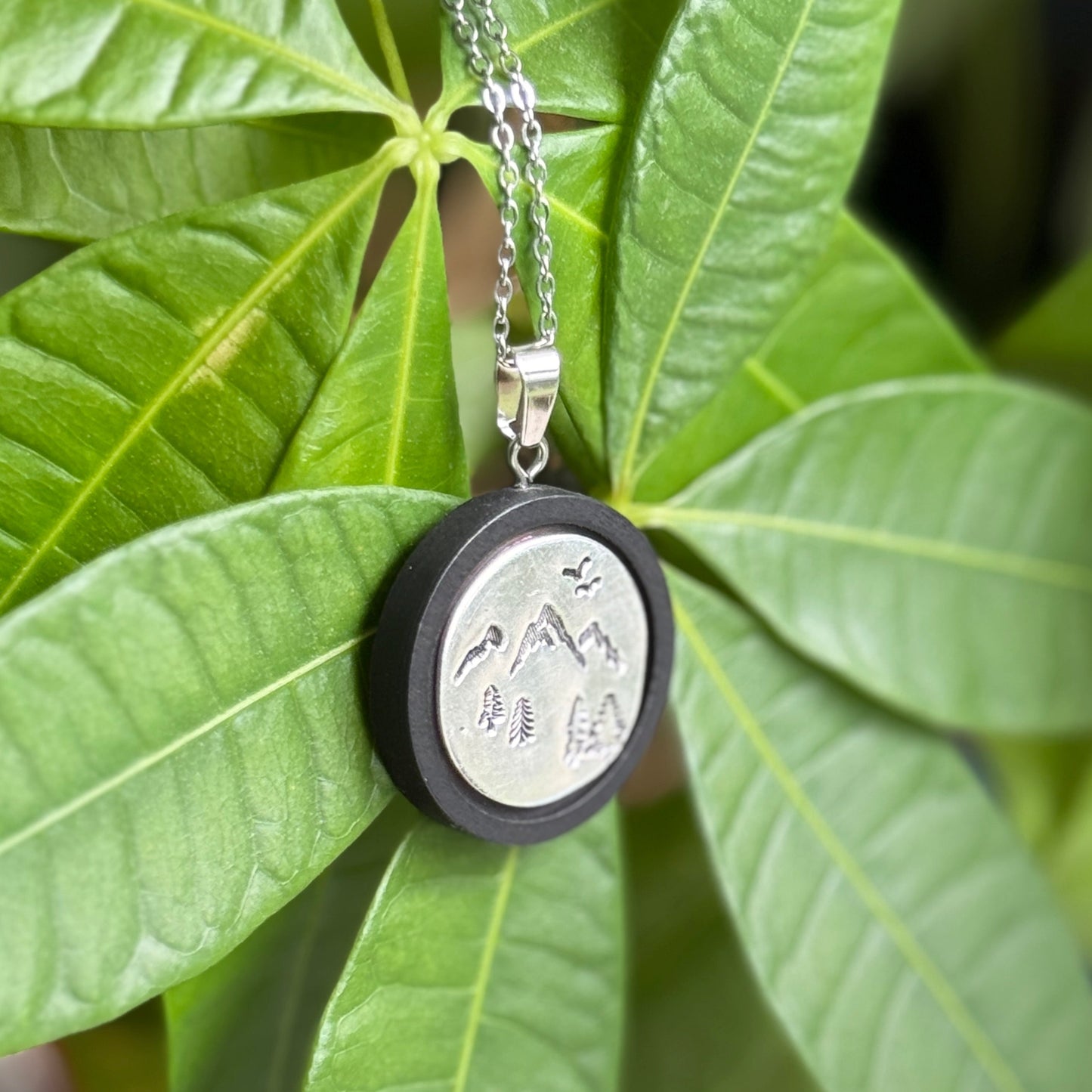 Wood and Silver Hand Stamped Mountain Nature Pendant - Black Wood