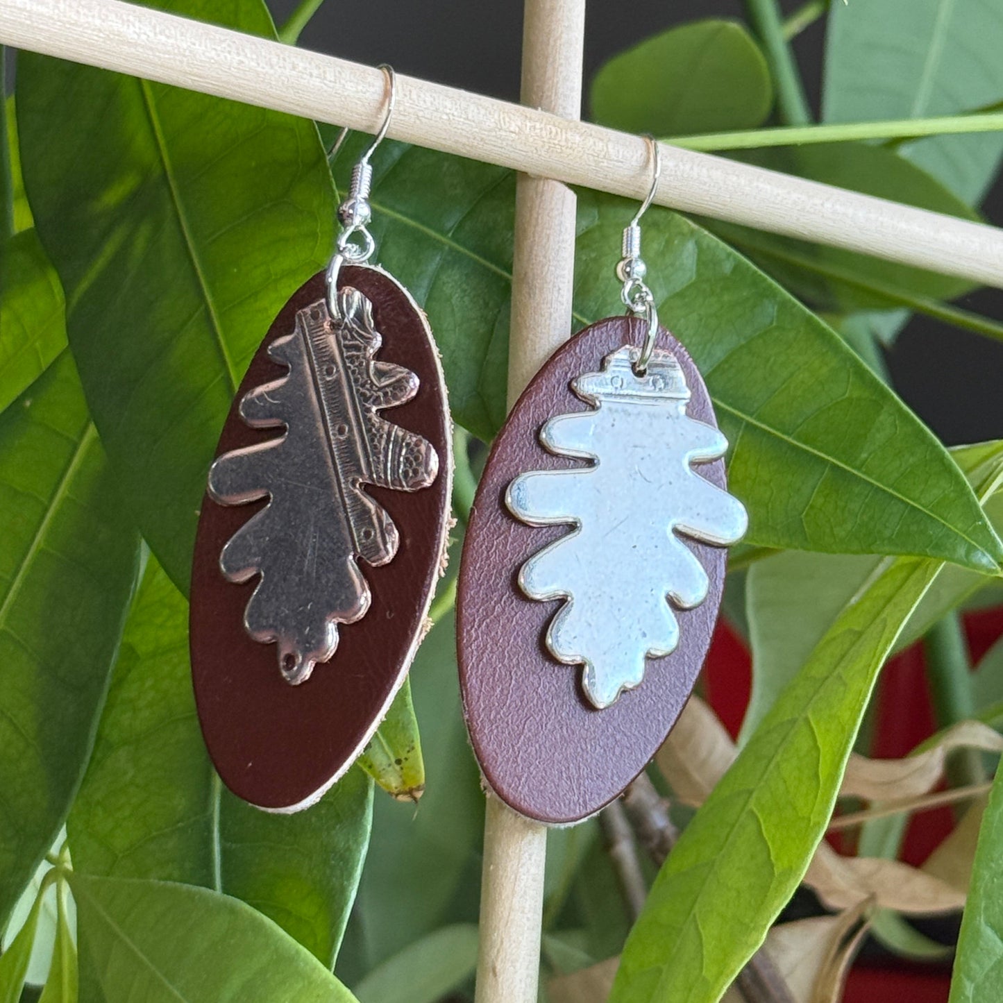 Silver and Leather Leaf Dangle Earrings