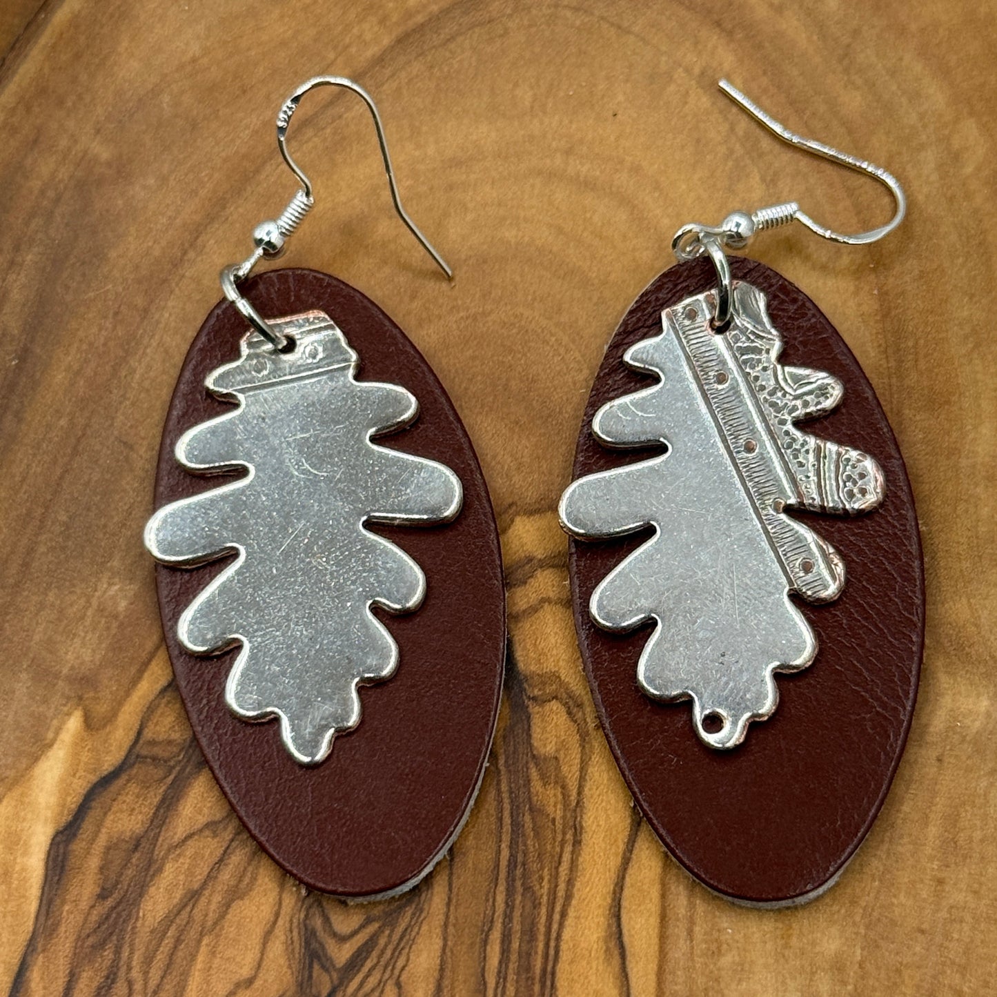 Silver and Leather Leaf Dangle Earrings