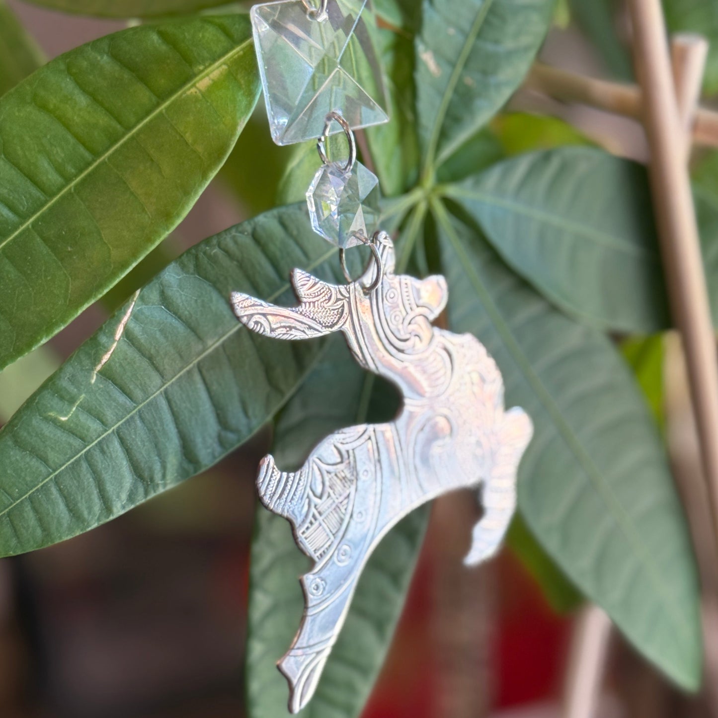 Silver Reindeer Christmas Tree Ornament Made from Antique Silver Trays