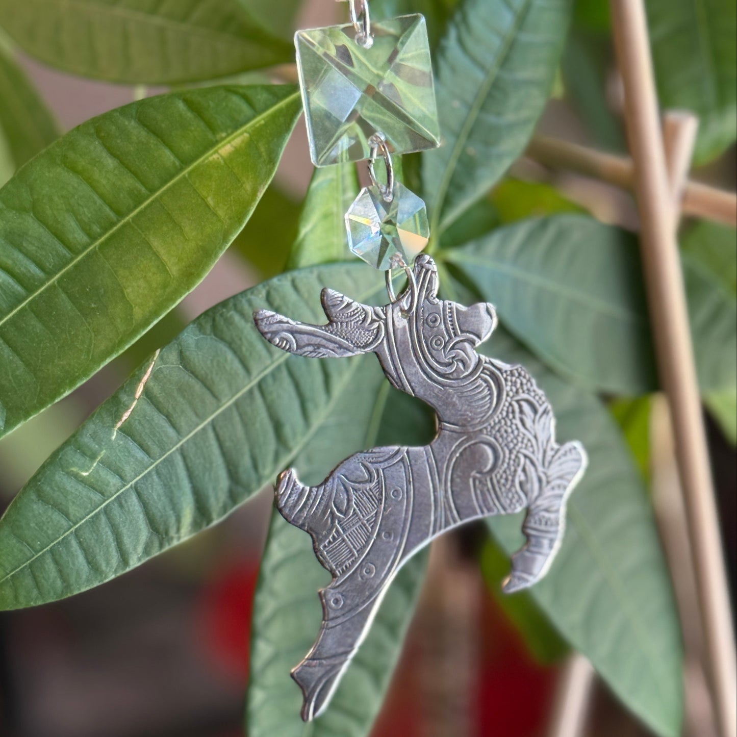 Silver Reindeer Christmas Tree Ornament Made from Antique Silver Trays