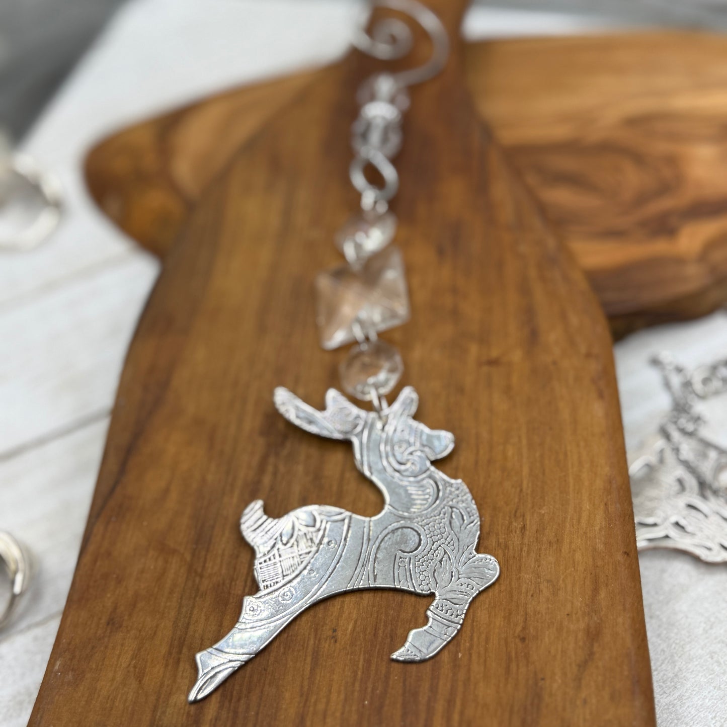 Silver Reindeer Christmas Tree Ornament Made from Antique Silver Trays