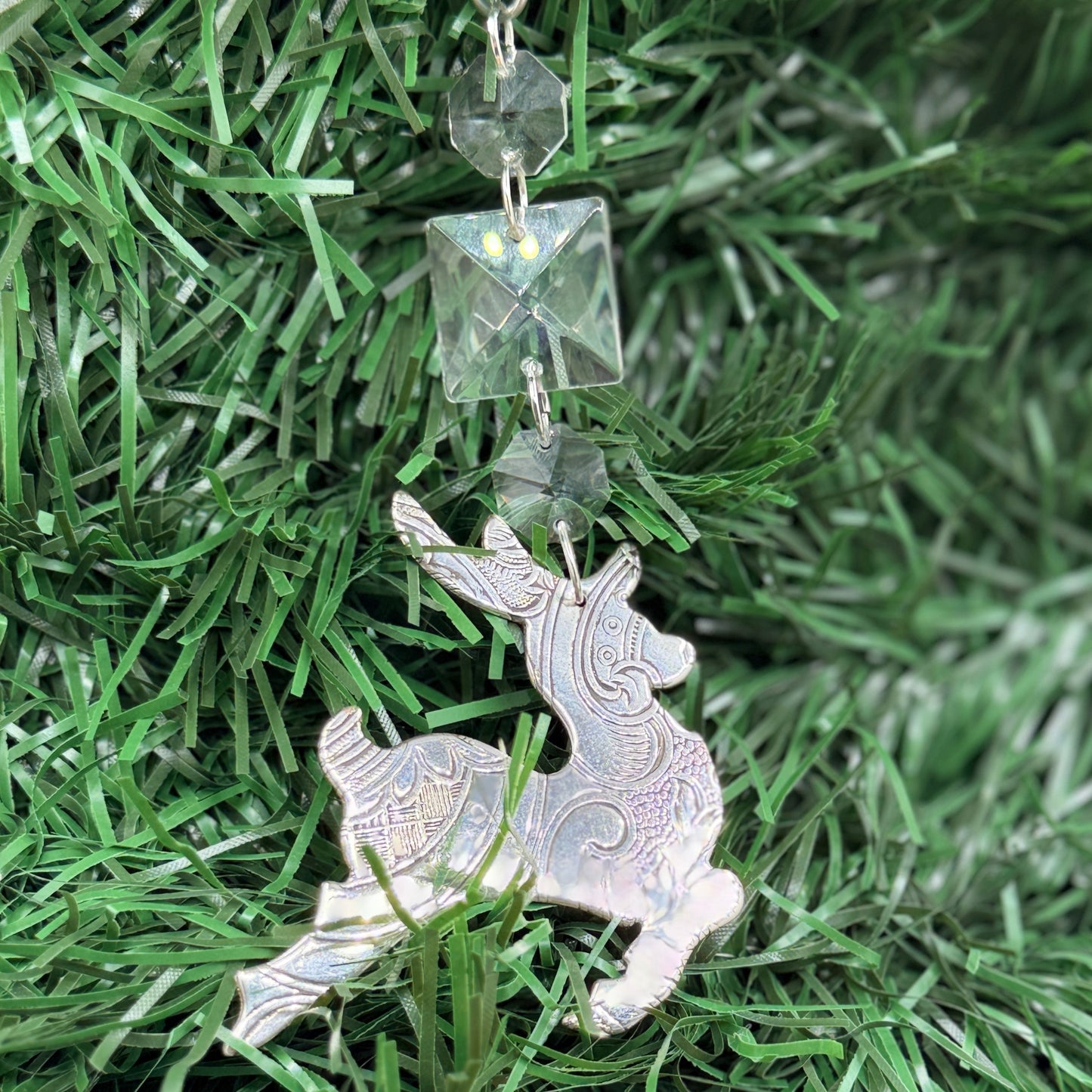 Silver Reindeer Christmas Tree Ornament Made from Antique Silver Trays