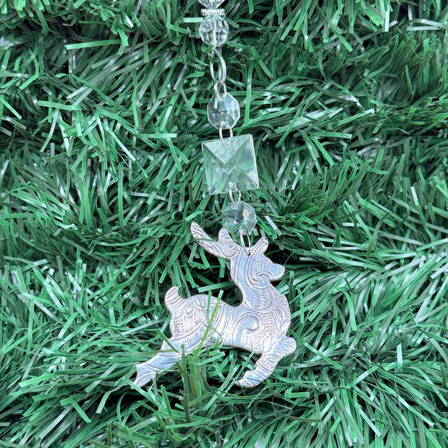 Silver Reindeer Christmas Tree Ornament Made from Antique Silver Trays
