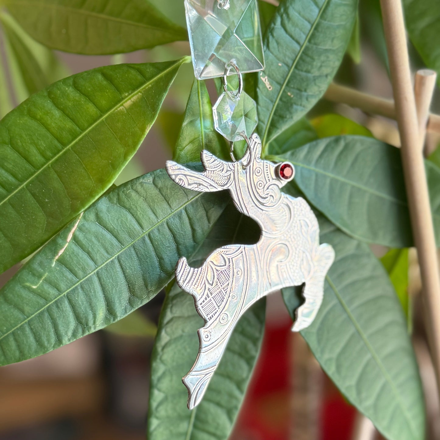 Silver Reindeer Rudolf Christmas Tree Ornament Made from Antique Silver Trays
