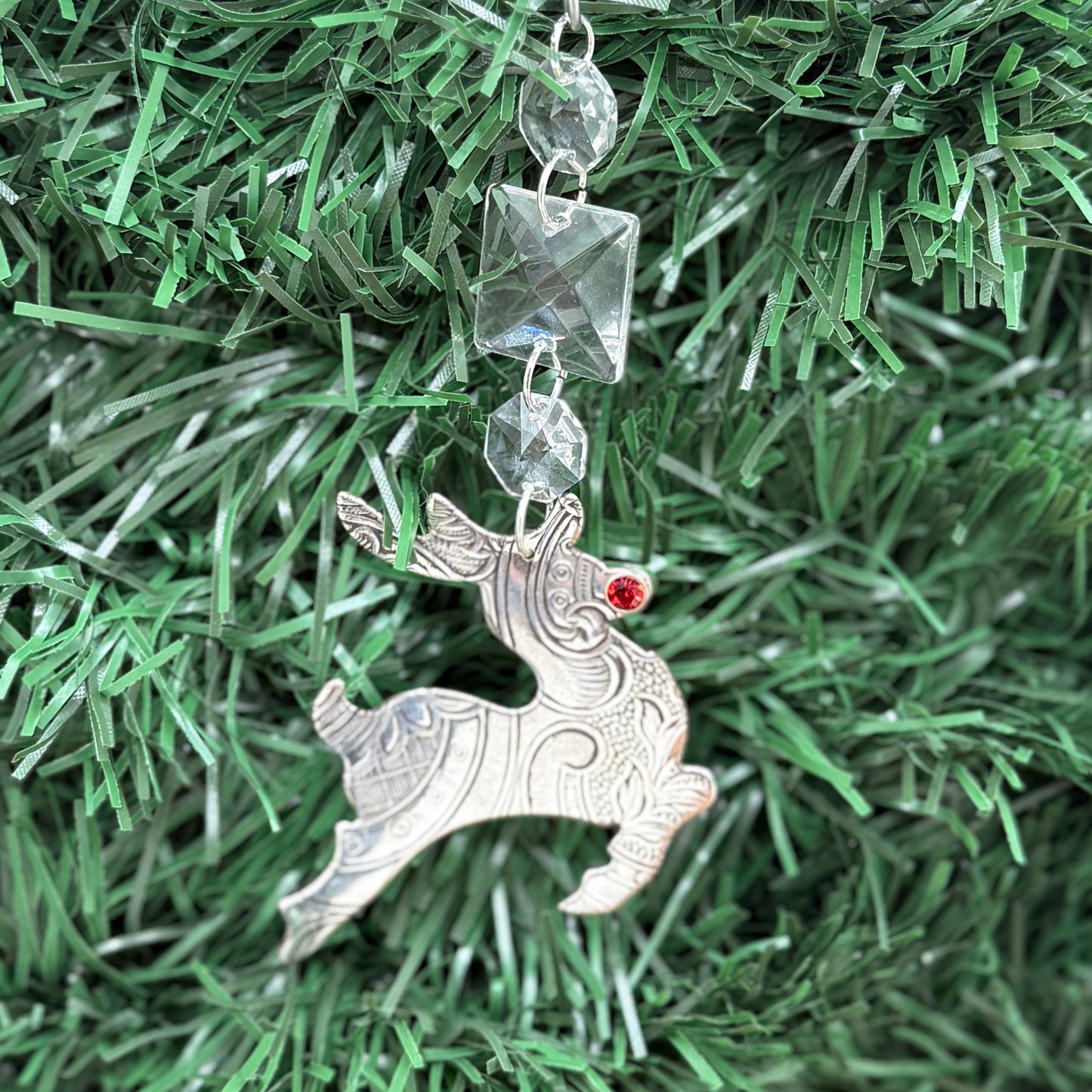 Silver Reindeer Rudolf Christmas Tree Ornament Made from Antique Silver Trays
