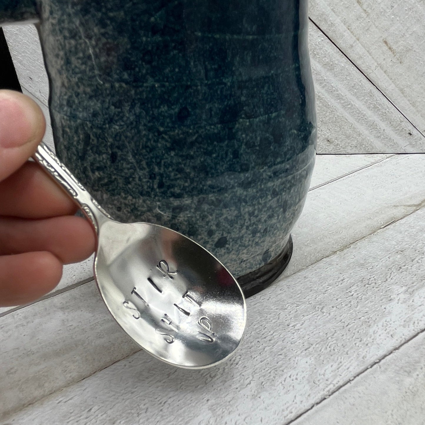 Hand Stamped Coffee or Tea Spoon with "Stir Shit Up" on the bowl