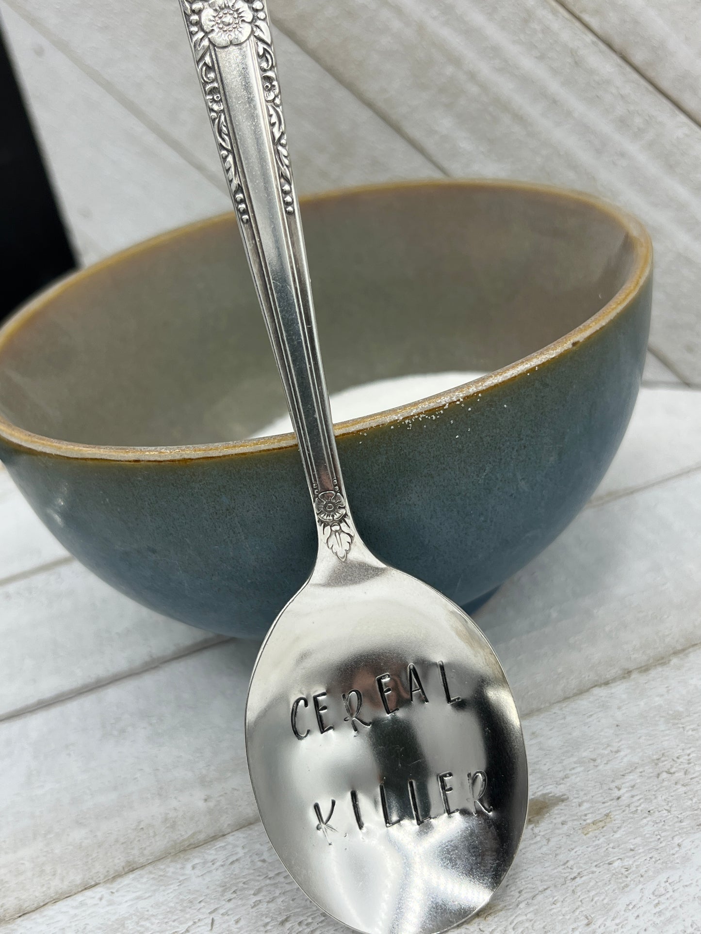 Hand Stamped Cereal Spoon with "Cereal Killer" on the bowl of an antique silver plated spoon