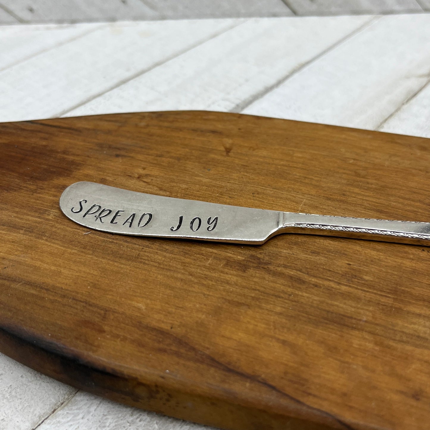 Unique Silver Butter or Spreader Knife, Hand stamped from vintage silver plated butter knife with Spread Love on it. Unique host, wedding or housewarming gift