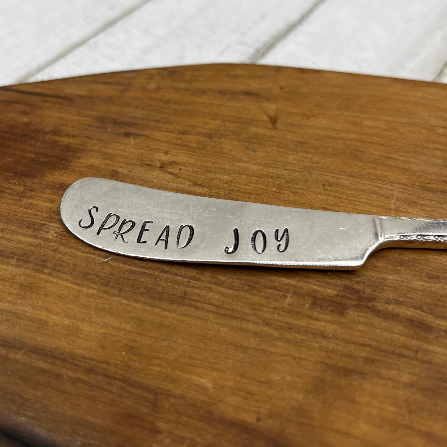 Unique Silver Butter or Spreader Knife, Hand stamped from vintage silver plated butter knife. Unique host, wedding or housewarming gift