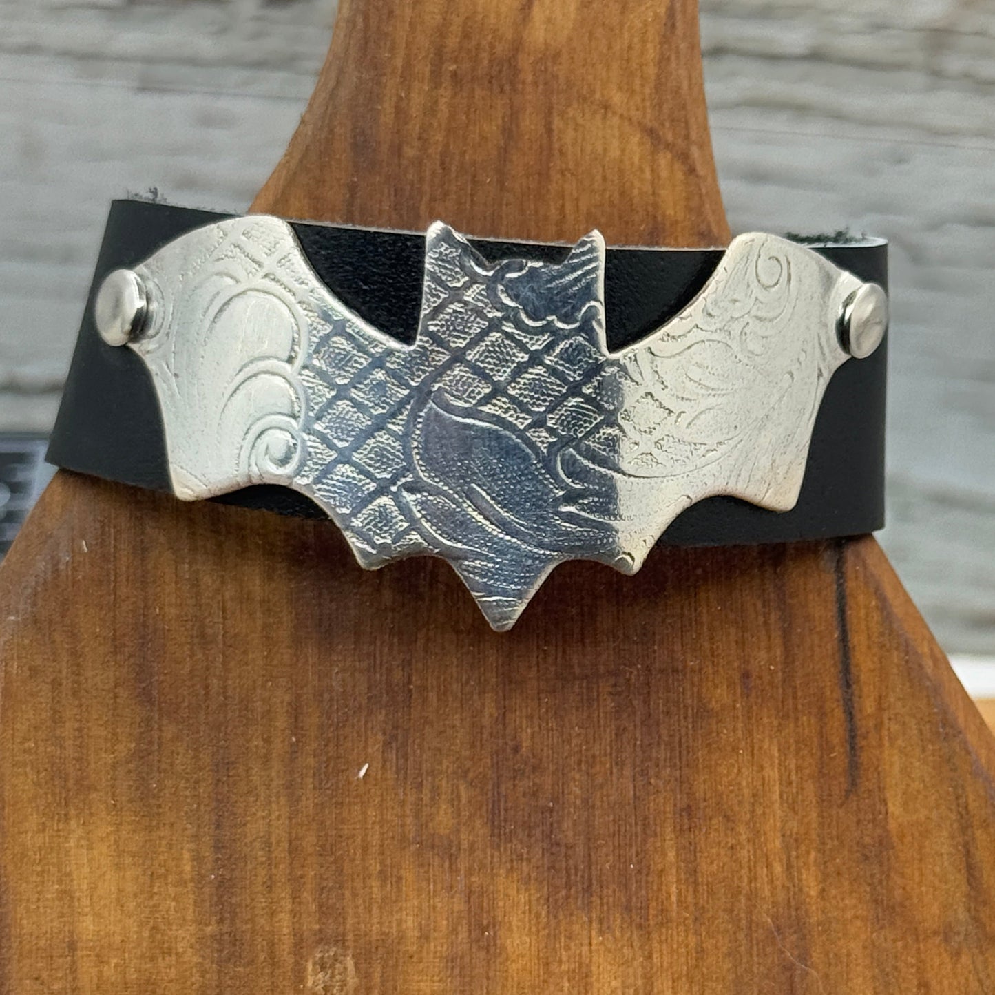Silver and Leather Bat Bracelet