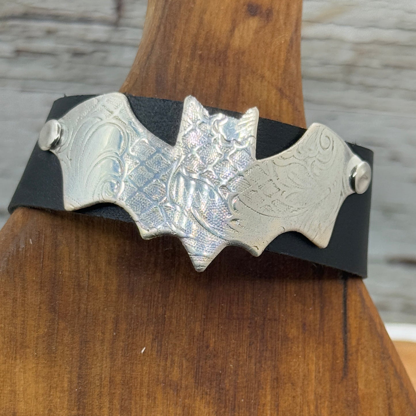 Silver and Leather Bat Bracelet