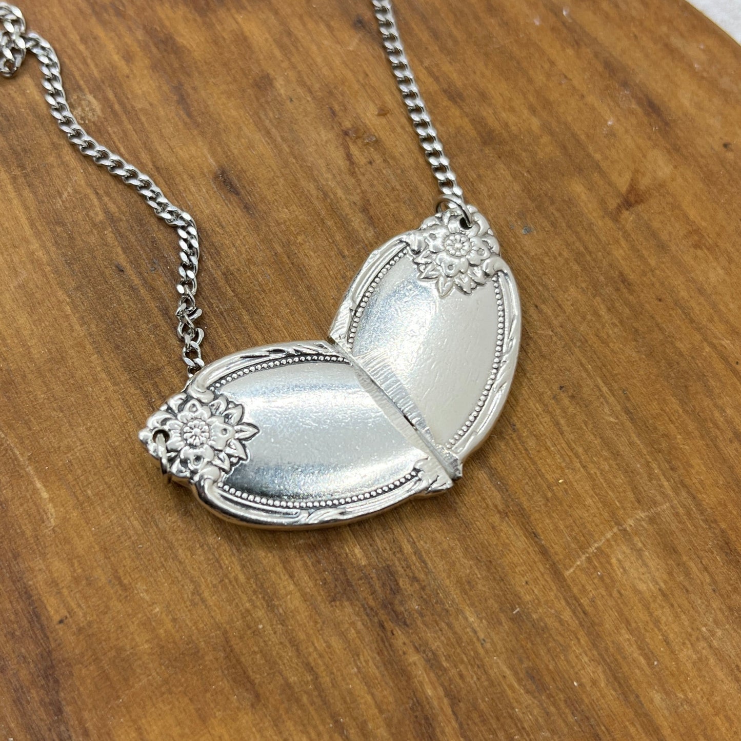 Silver Heart Pendant and Necklace Handmade from Vintage and Antique Silver Plated Spoon and Fork Ends