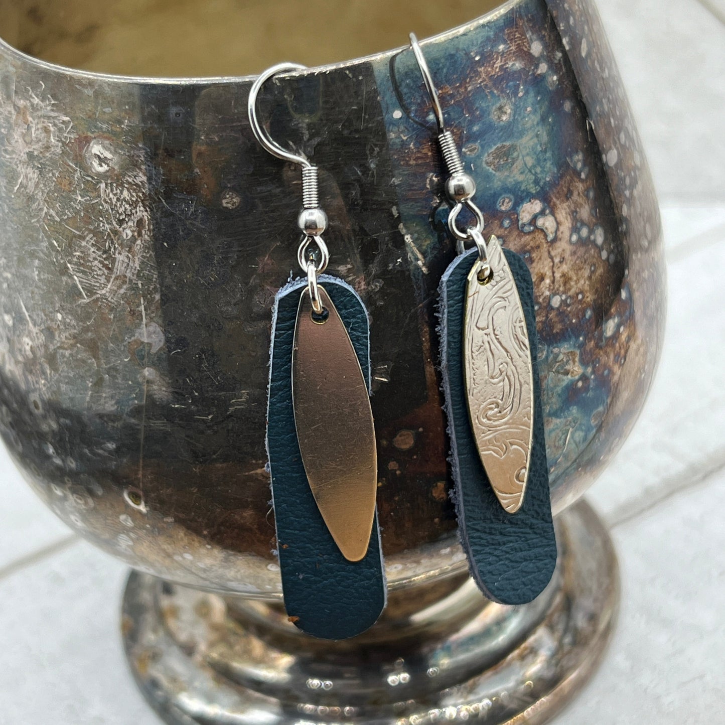 Leather Silver Tray Dangle, Drop Earrings