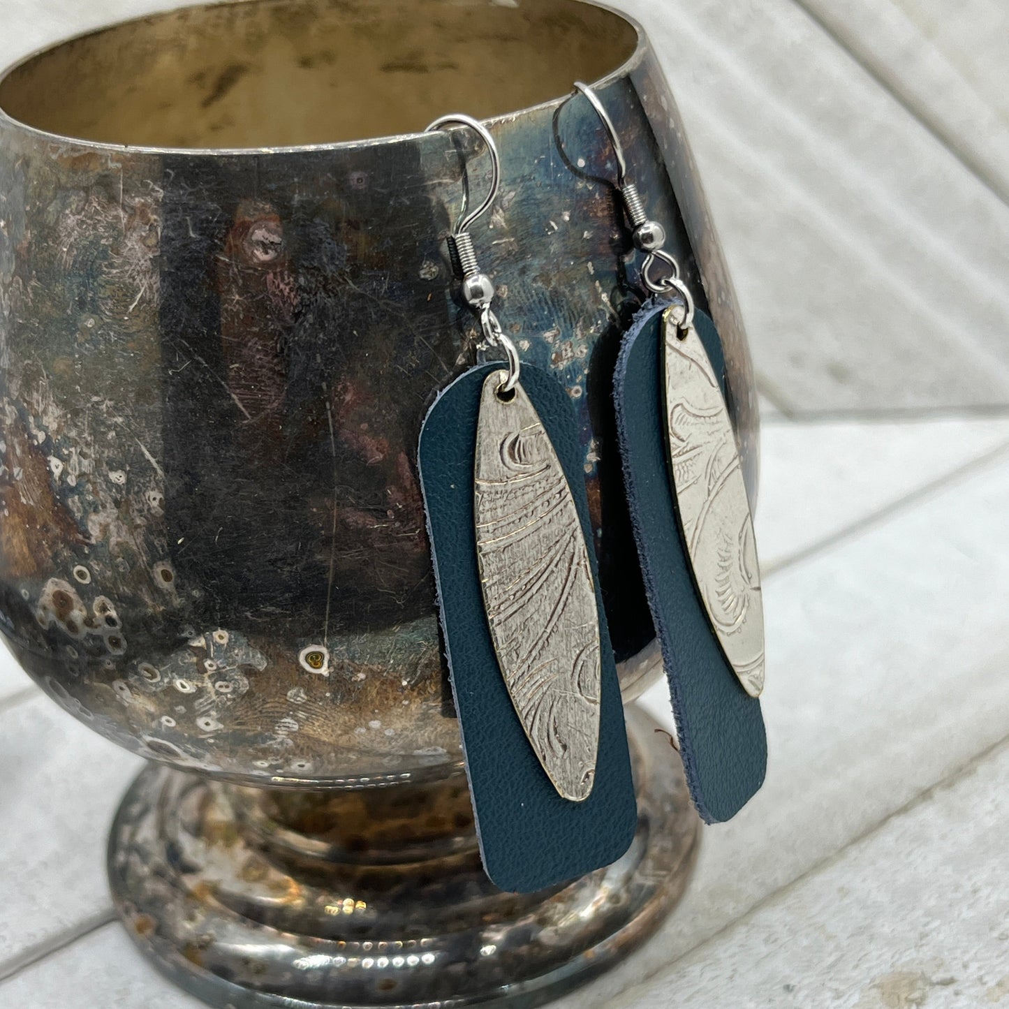 Leather Silver Tray Dangle, Drop Earrings