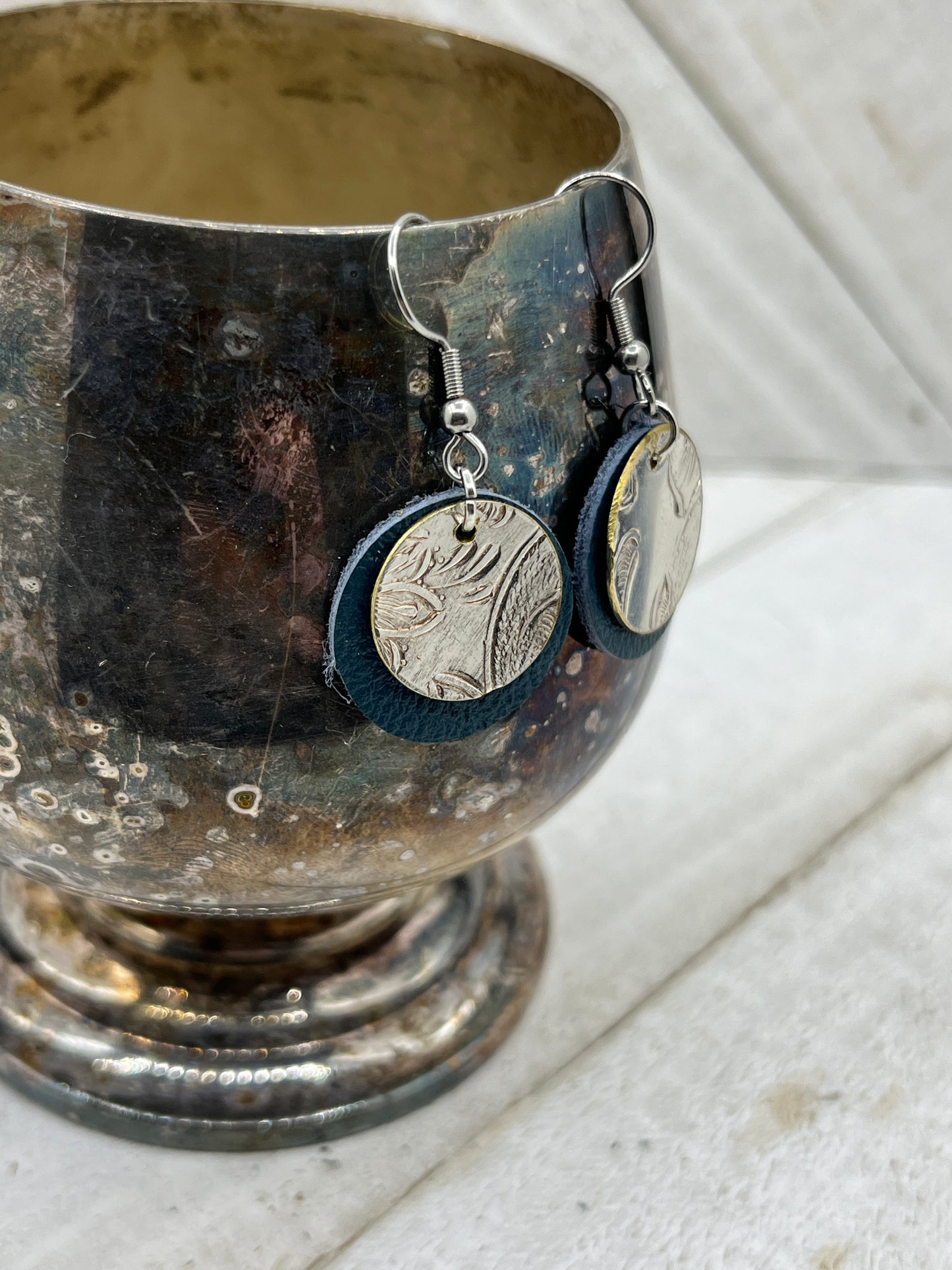 Leather Silver Tray Dangle, Drop Earrings