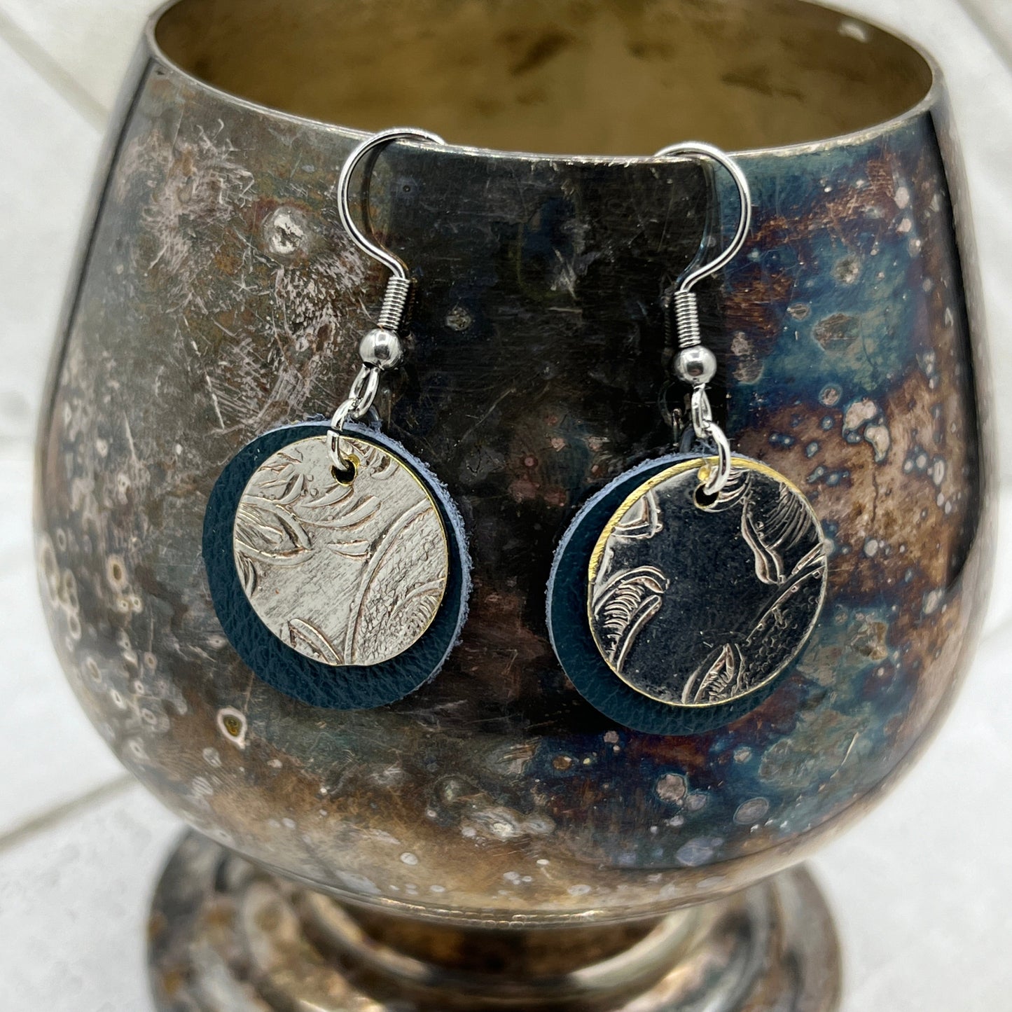 Leather Silver Tray Dangle, Drop Earrings
