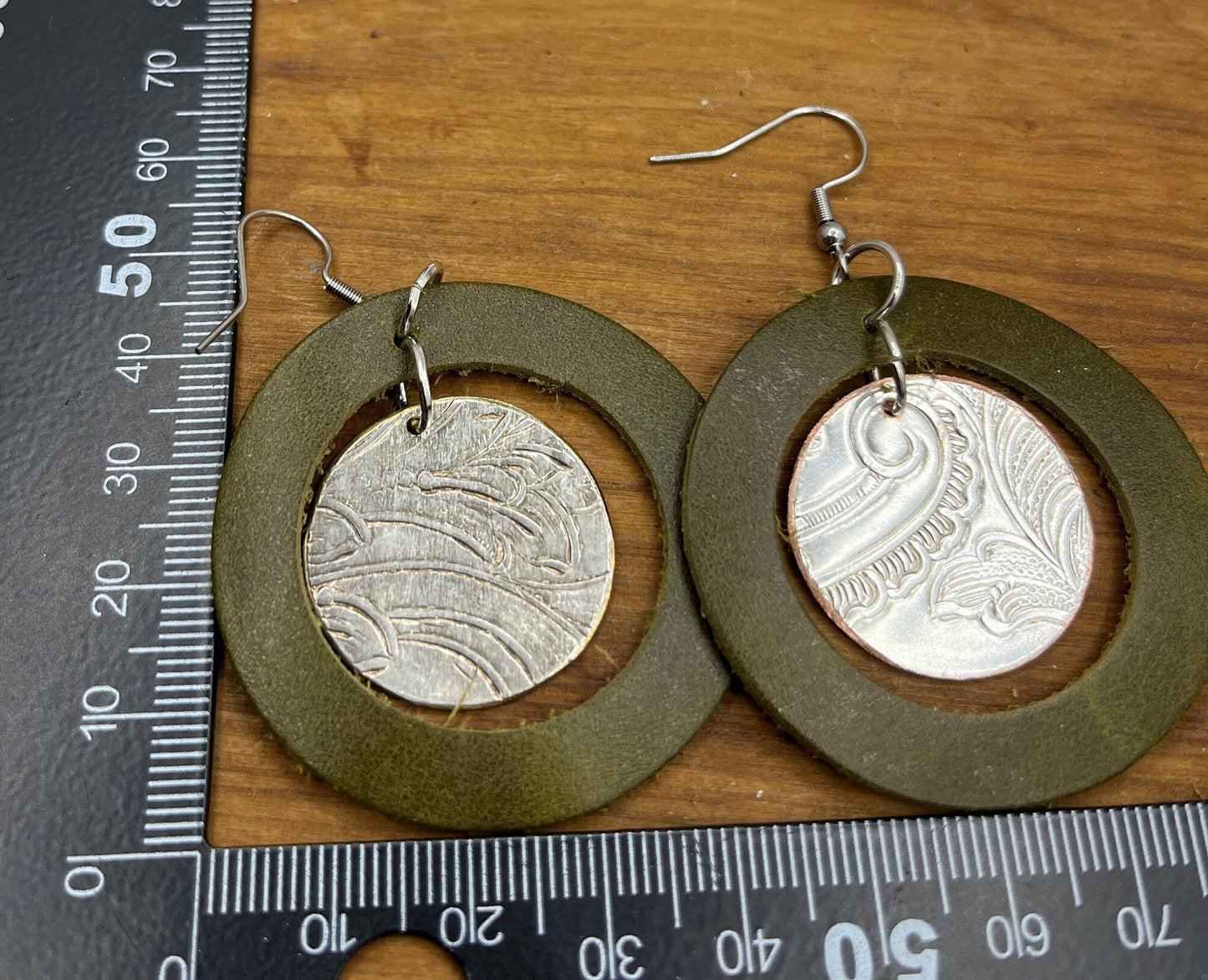 Silver and Leather Round/Circle Drop Earrings Made from Vintage Silver Plated Trays and Repurposed Leather, Unique Gift for her