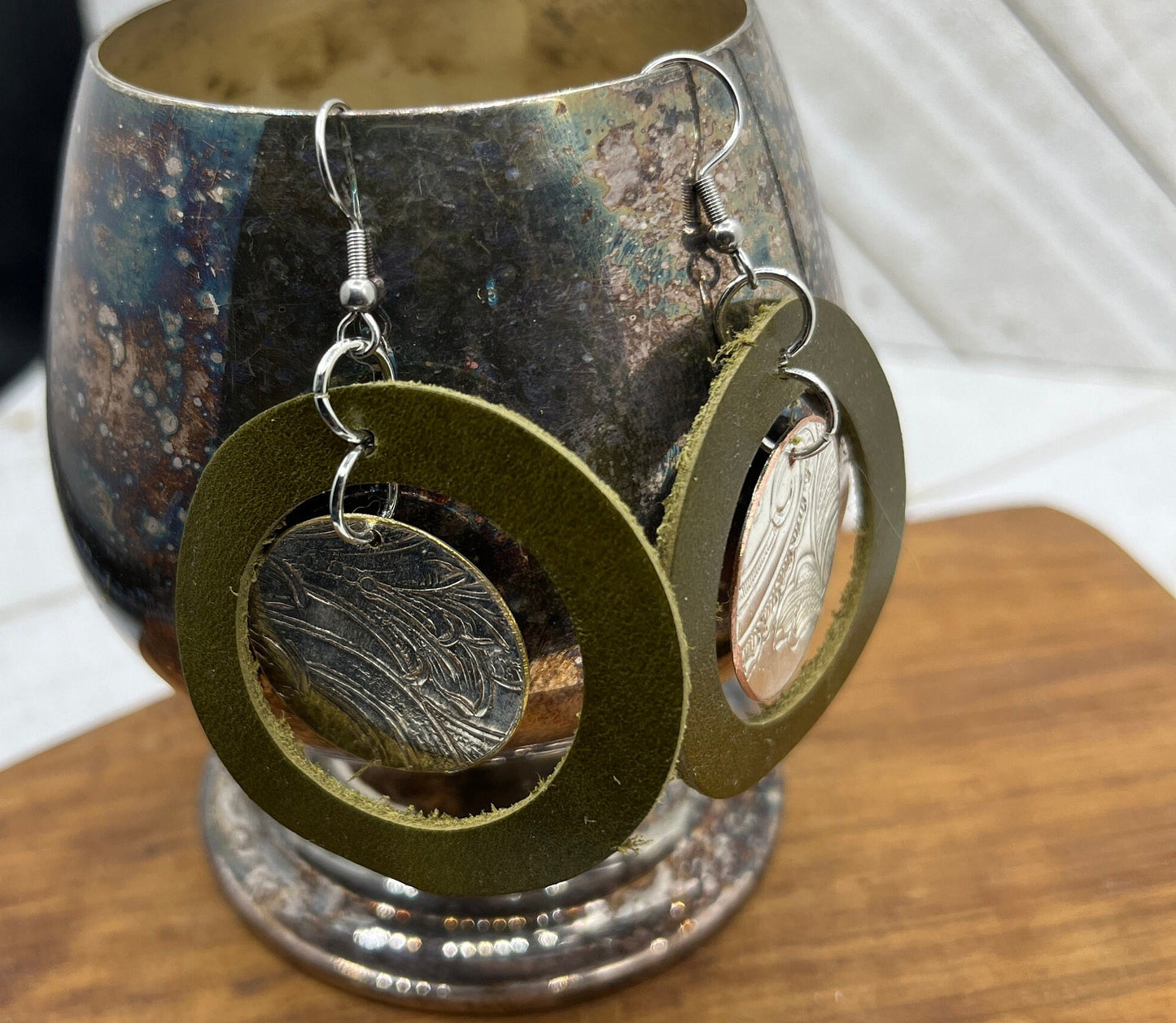 Silver and Leather Round/Circle Drop Earrings Made from Vintage Silver Plated Trays and Repurposed Leather, Unique Gift for her