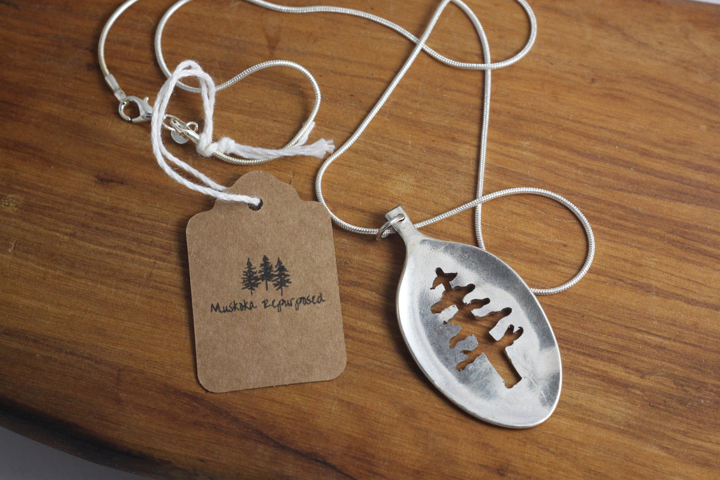 Silver Pendant, Hand cut pine tree spoon bowl pendant