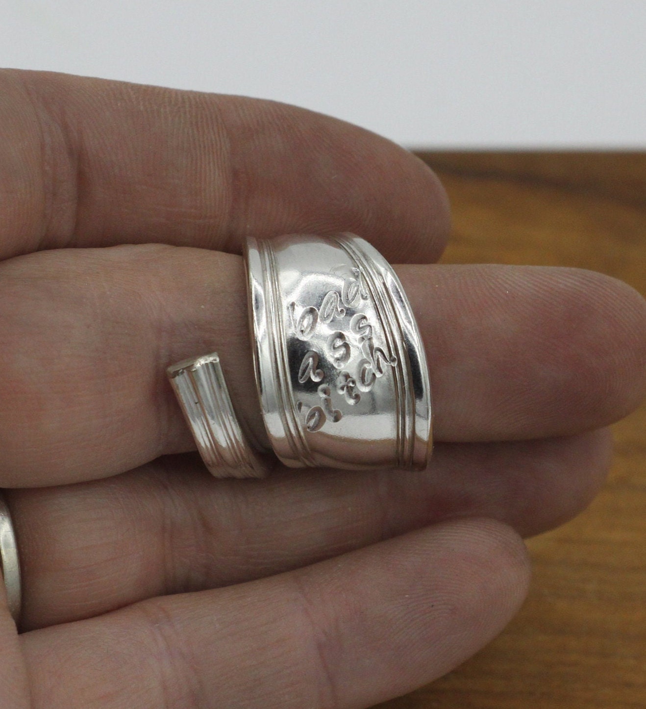 Silver Wrap Ring Made From Vintage Spoon Handle with "Bad Ass Bitch" stamped, Silverware Jewelry, Silver Spoon Ring, Gift for Her Unique