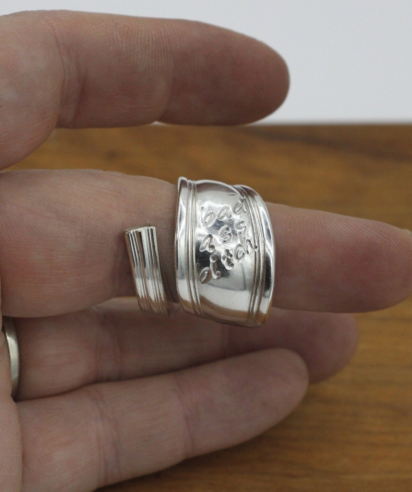 Silver Wrap Ring Made From Vintage Spoon Handle with "Bad Ass Bitch" stamped, Silverware Jewelry, Silver Spoon Ring, Gift for Her Unique