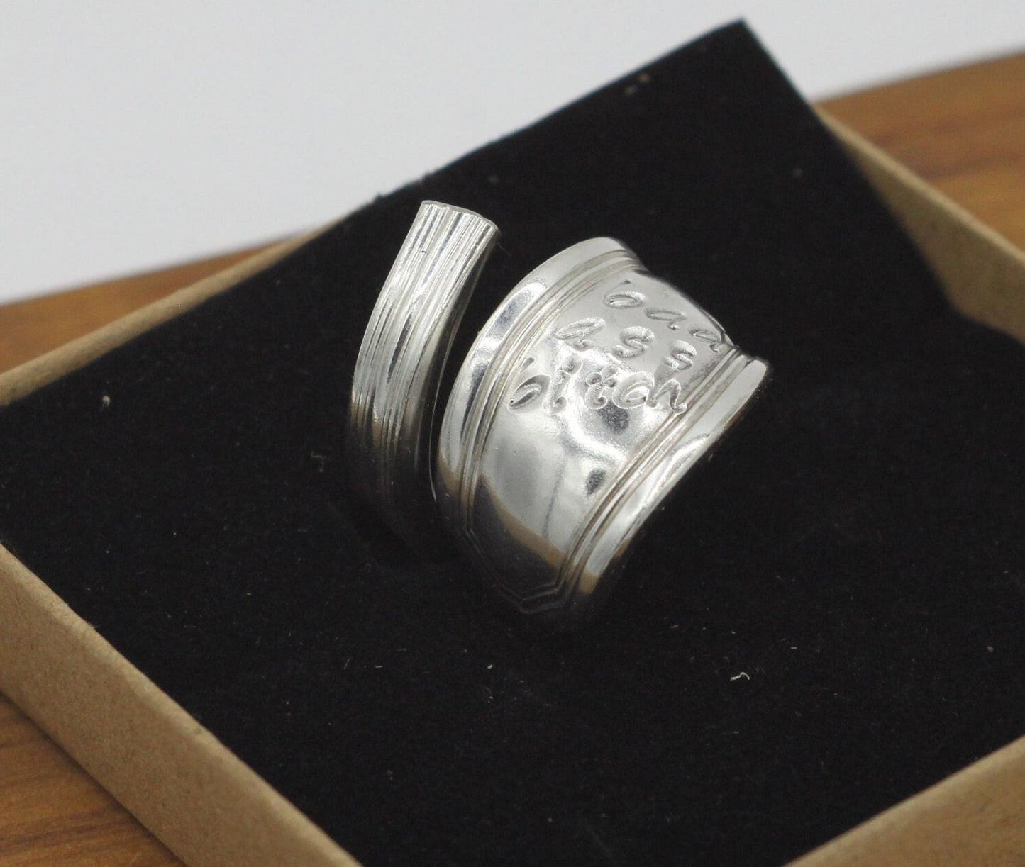Silver Wrap Ring Made From Vintage Spoon Handle with "Bad Ass Bitch" stamped, Silverware Jewelry, Silver Spoon Ring, Gift for Her Unique
